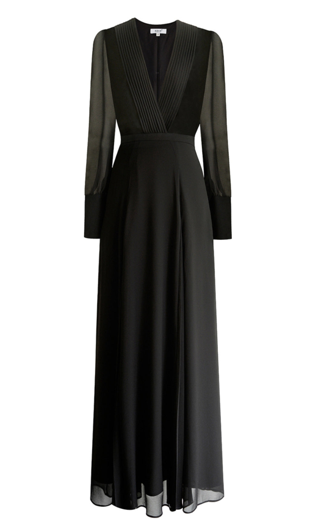 ELEGANT BLACK MAXI DRESS WITH DEEP V - NECK & LONG SLEEVES