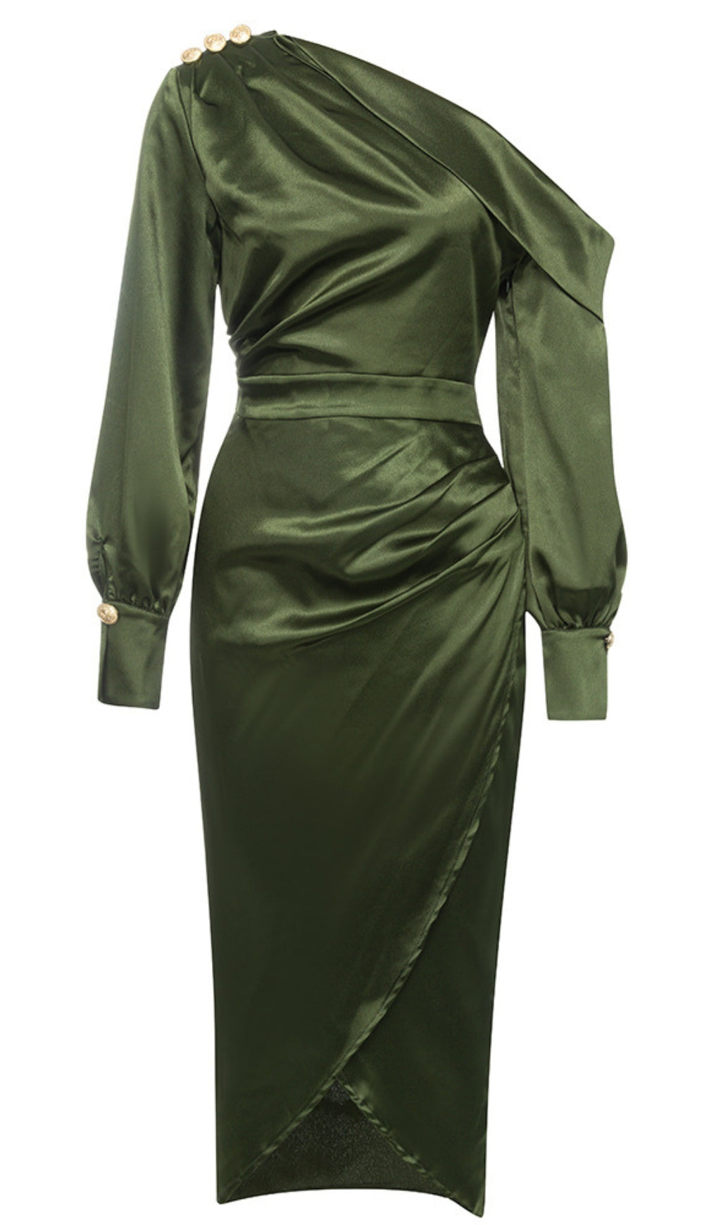 One-Shoulder-Midikleid aus Satin mit Knopfdetail in Dunkelgrün