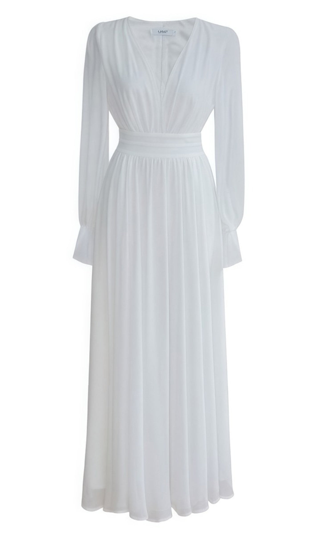 ELEGANT WHITE MAXI DRESS WITH V - NECK AND SHEER SLEEVES
