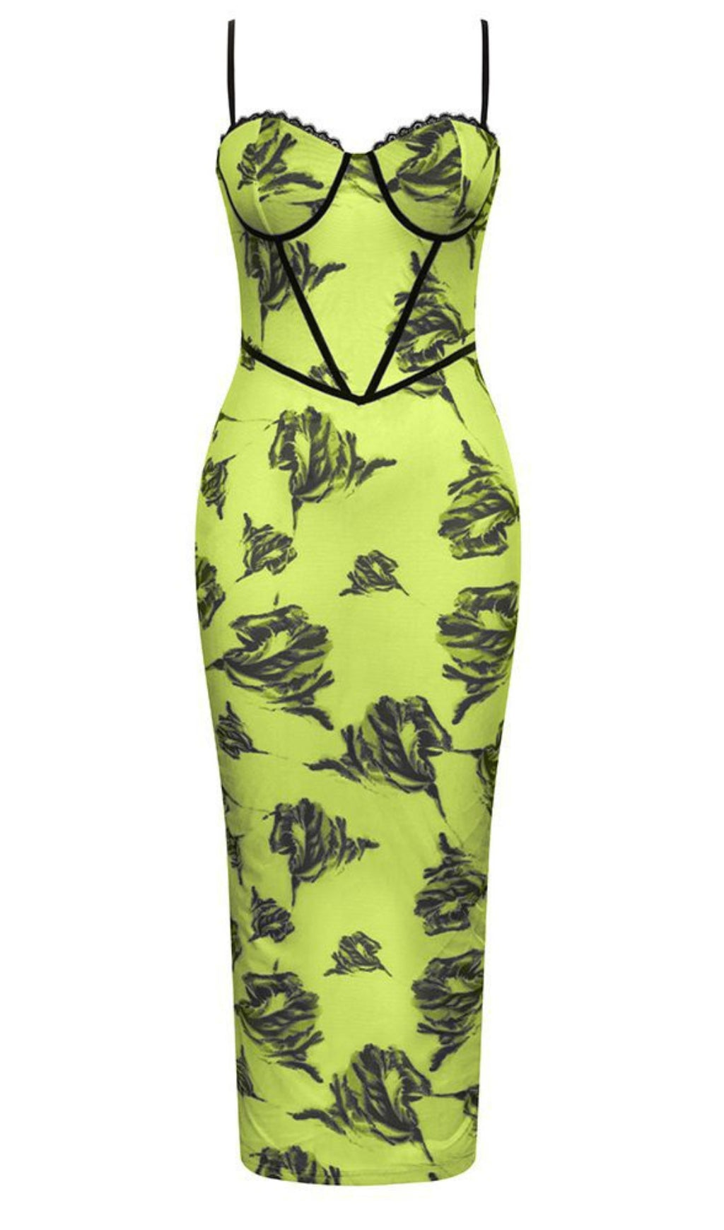 FLORAL PRINT CORSET - STYLE MIDI DRESS IN NEON GREEN
