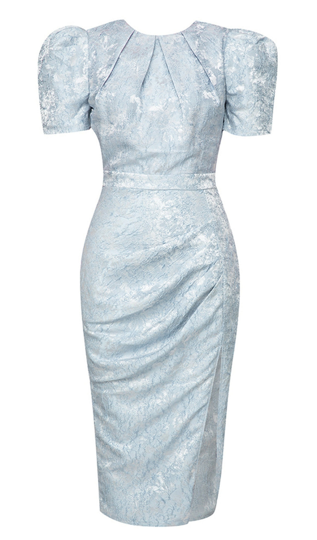 FLORAL - JACQUARD PUFF - SLEEVE MIDI DRESS IN BLUE