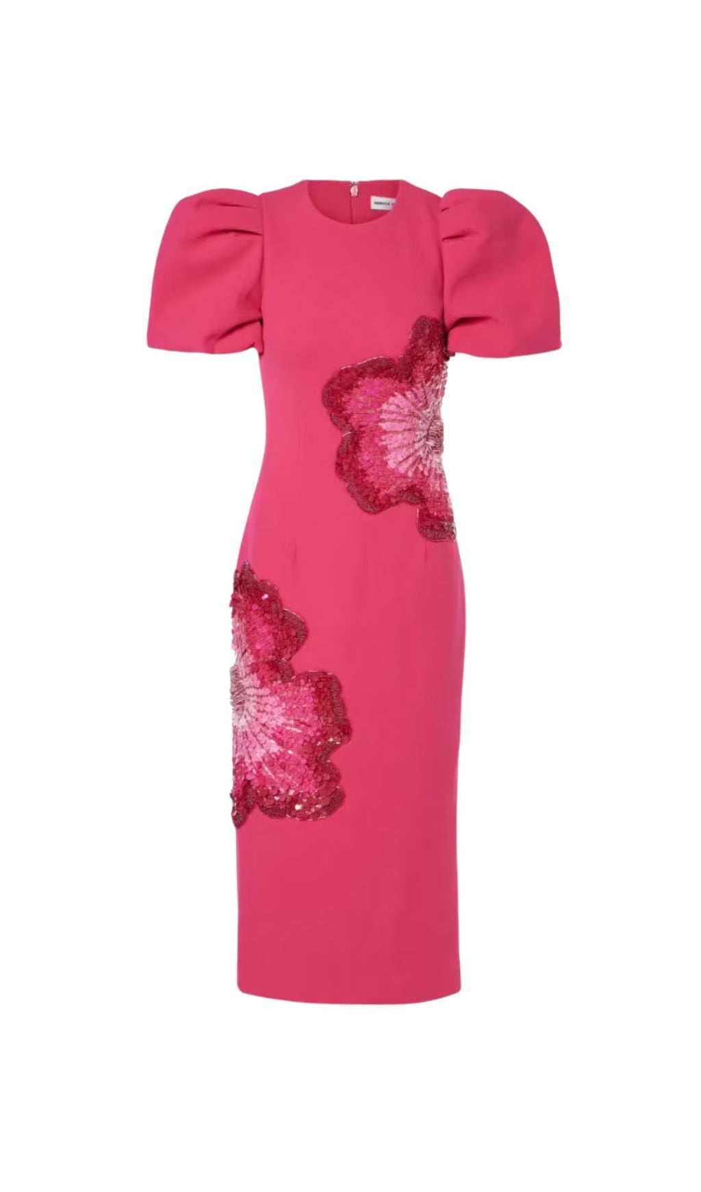 SEQUIN FLOWER EMBELLISHED PUFF SLEEVE MIDI DRESS IN PINK