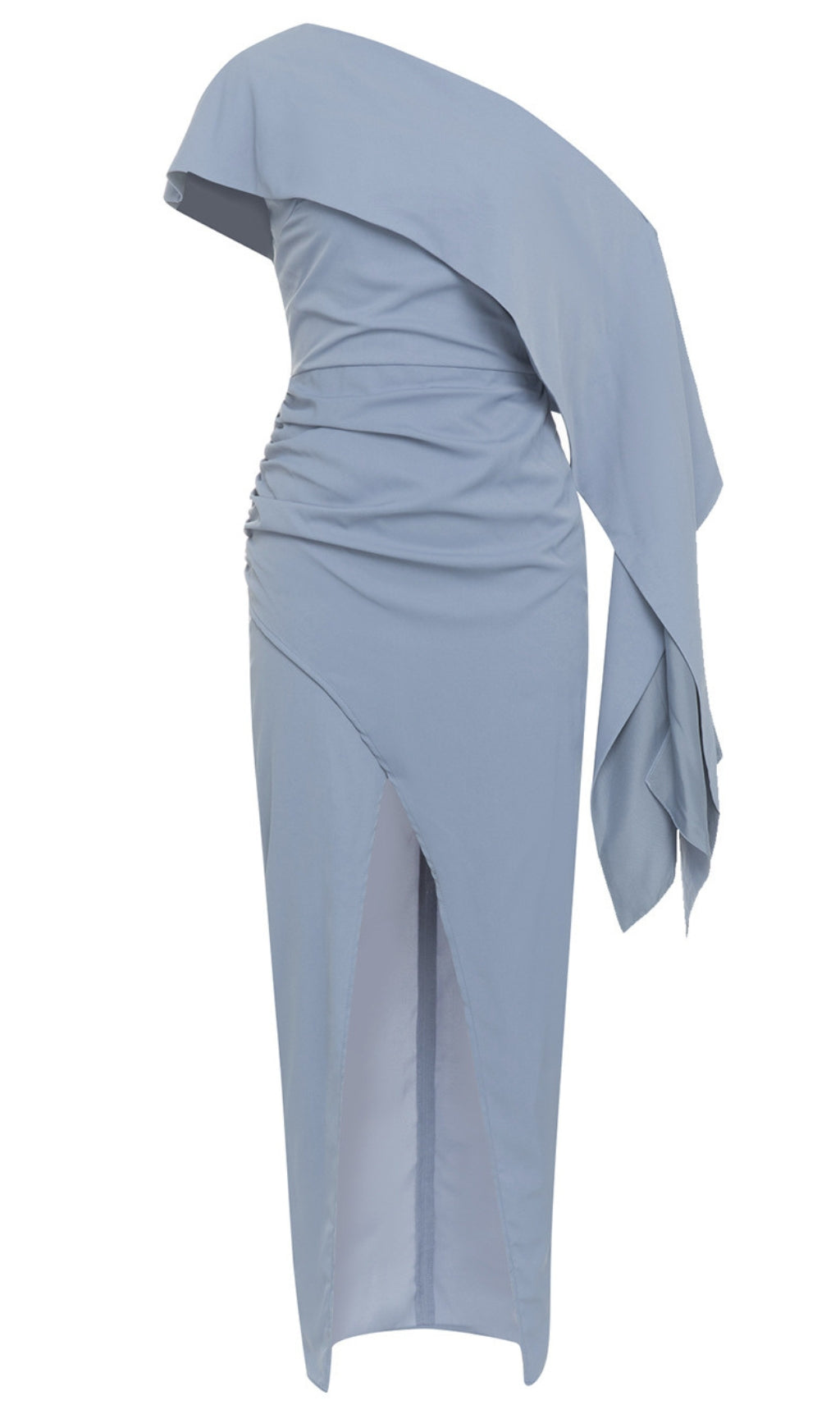 ABITO MIDI MONOSPALLA AVVOLGENTE ASIMMETRICO CON RUCHES BLU NAVY
