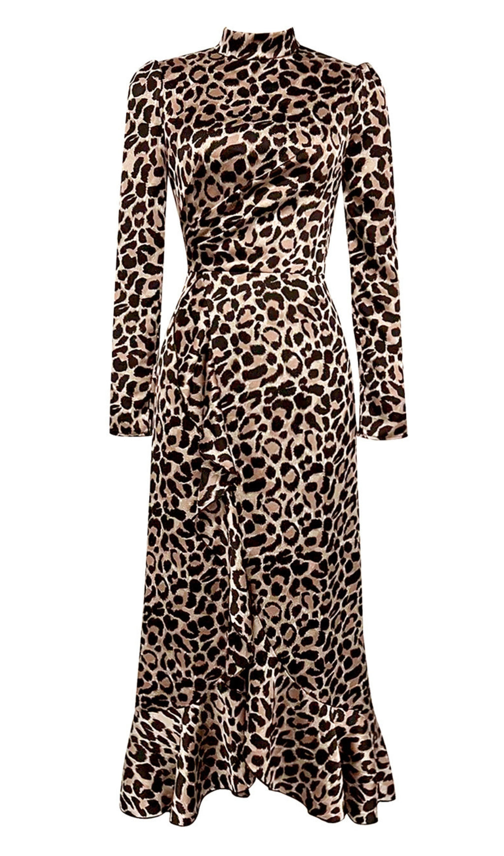 LANGES MIDIKLEID MIT RÜSCHEN UND BRAUNEM LEOPARDENMUSTER, STEHKragen