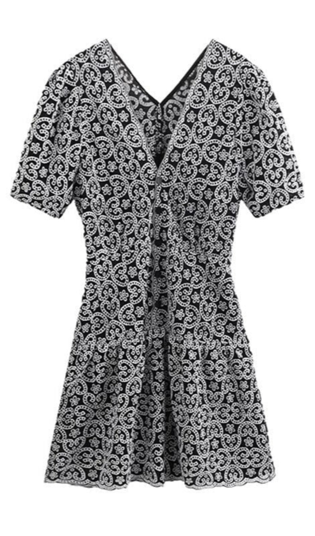 schwarzes Guipure-Minikleid mit V-Ausschnitt