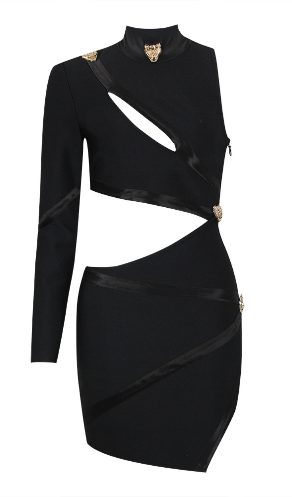 CUT - OUT GOLD - ACCENT ASYMMETRIC MINI DRESS IN BLACK