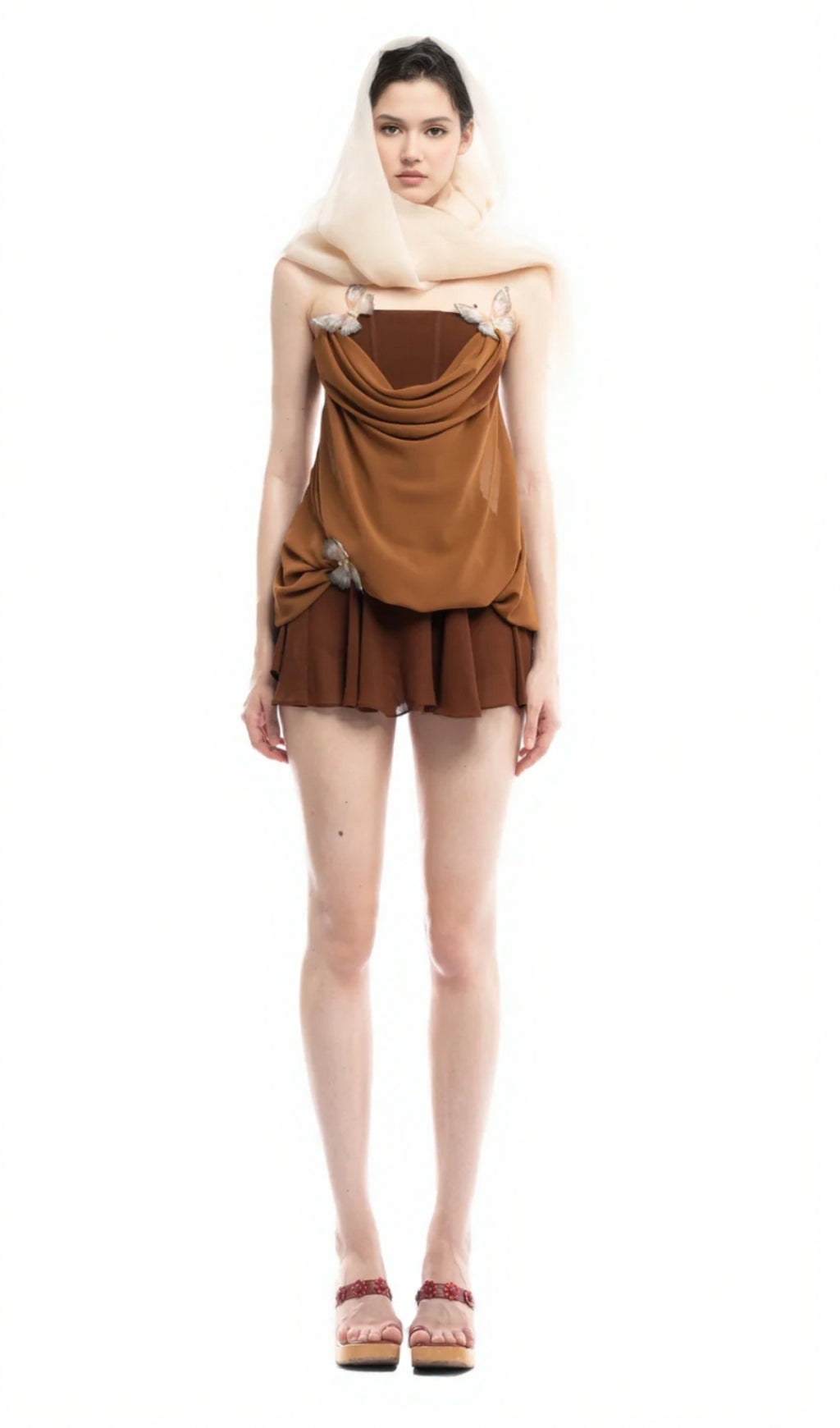 BROWN 3D BUTTERFLY FISHBONE TUNIC TOP MINI SKIRT SET