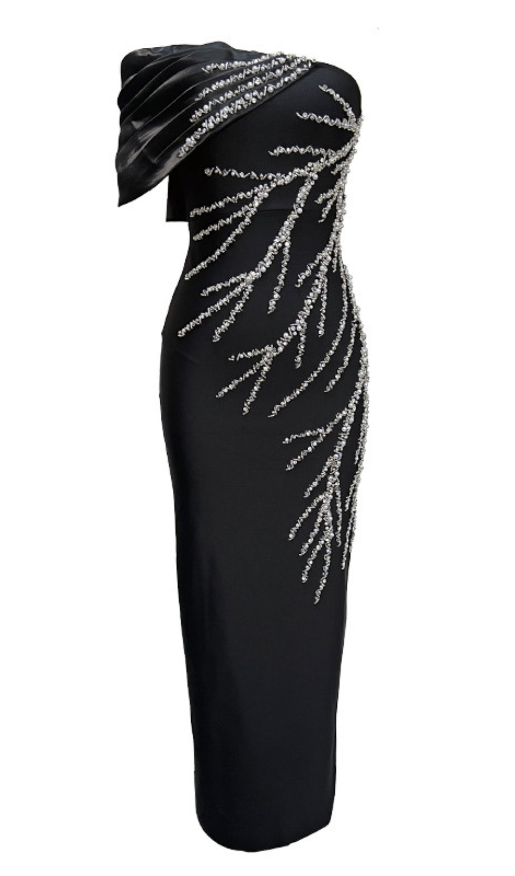 ONE SHOULDER RHINESTONE EMBELLISHED DRAPE GOWN IN BLACK