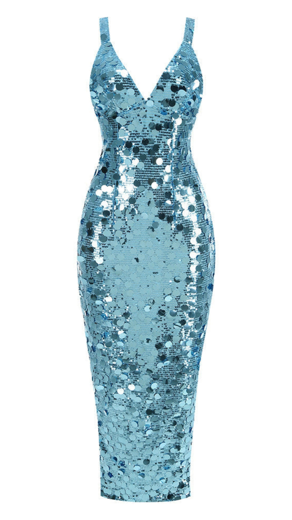 CARLIN SEQUIN DEEP V STRAPLESS MAXI DRESS IN BLUE