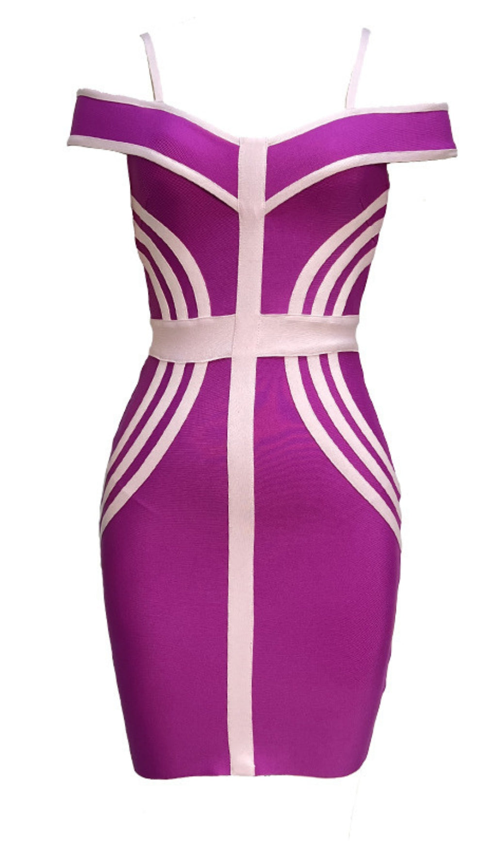 OFF SHOULDER CONTRAST TRIM BANDAGE MINI DRESS IN PURPLE