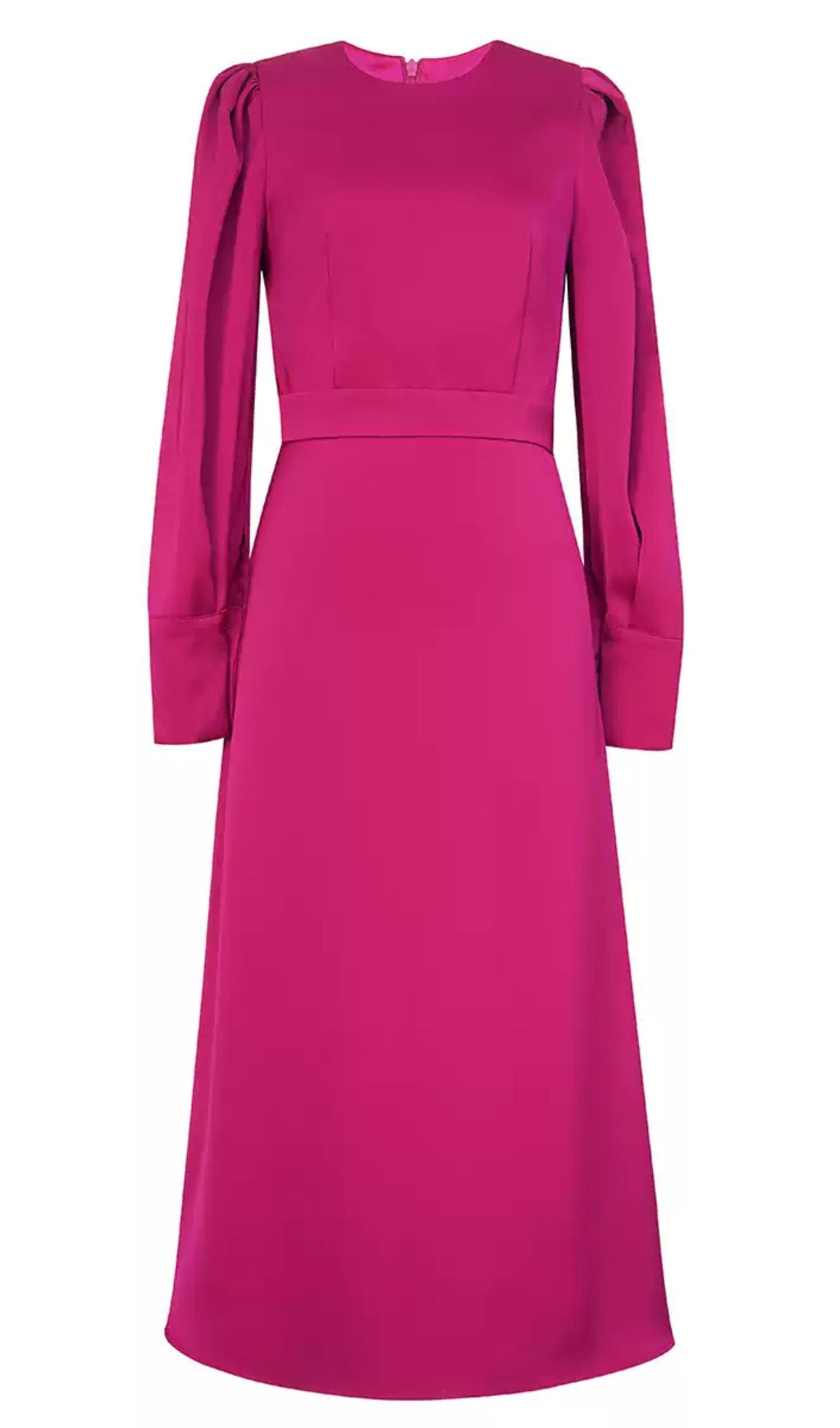 FUCHSIA PUFF SLEEVE MIDI DRESS WITH WAISTBAND