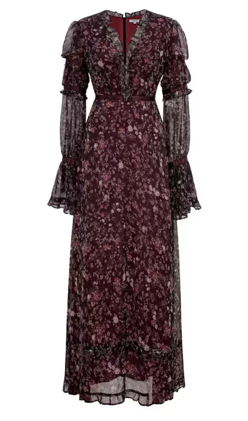 Burgunderrotes Chiffon-Maxikleid mit Blumenmuster und Rüschenärmeln