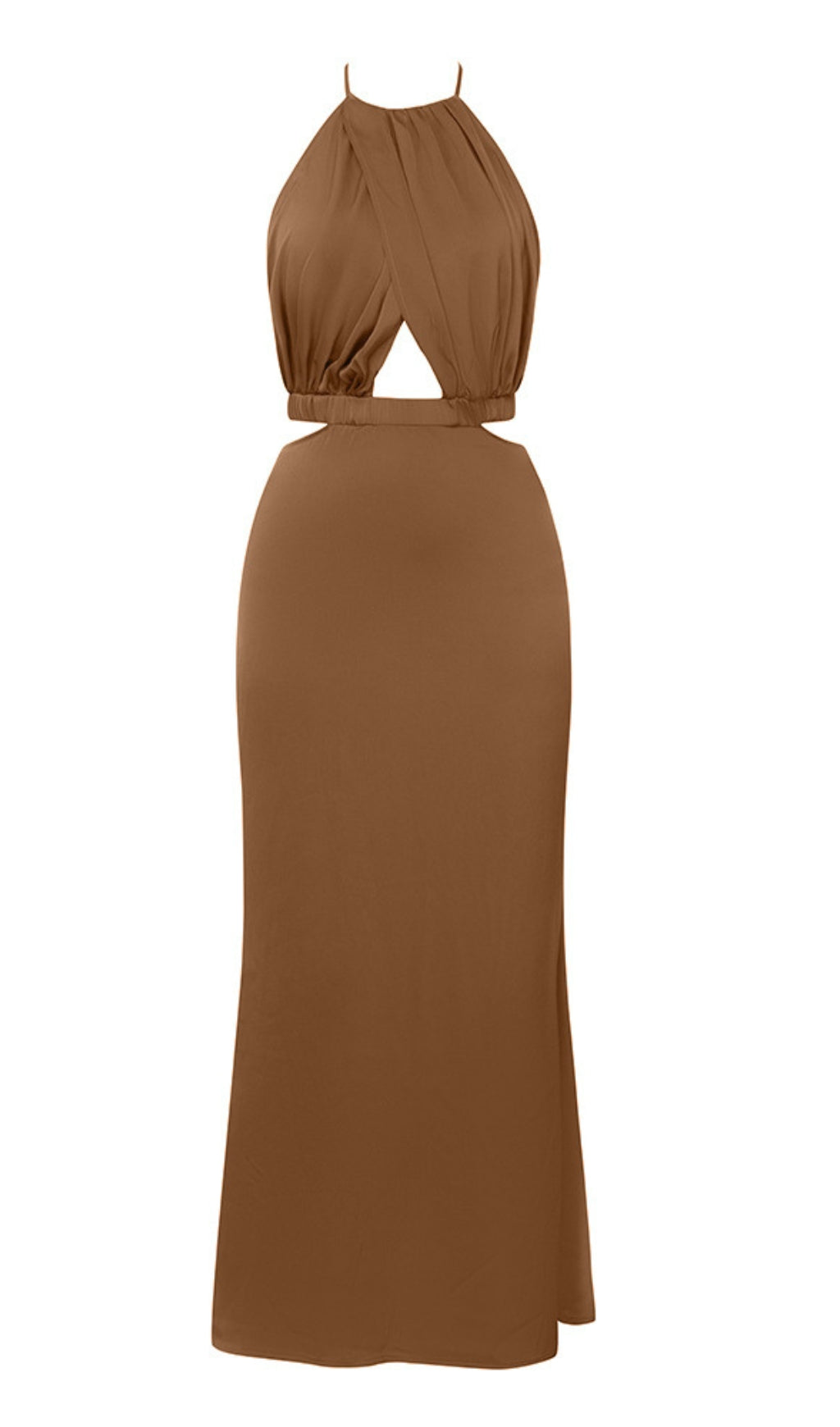 HALTER CUT - OUT SLIT MIDI DRESS IN BROWN