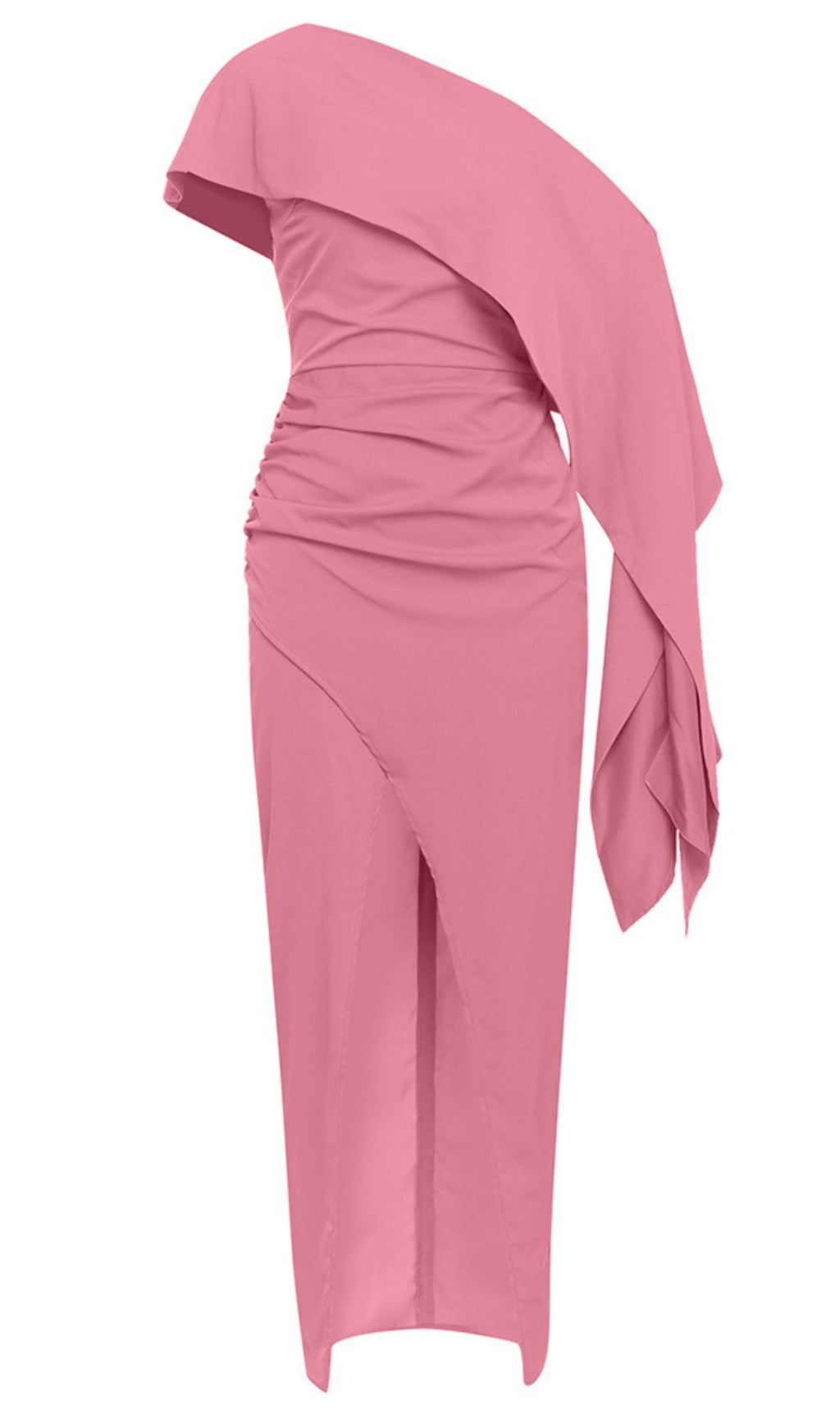 ABITO MIDI MONOSPALLA AVVOLGENTE ASIMMETRICO CON RUCHES ROSA