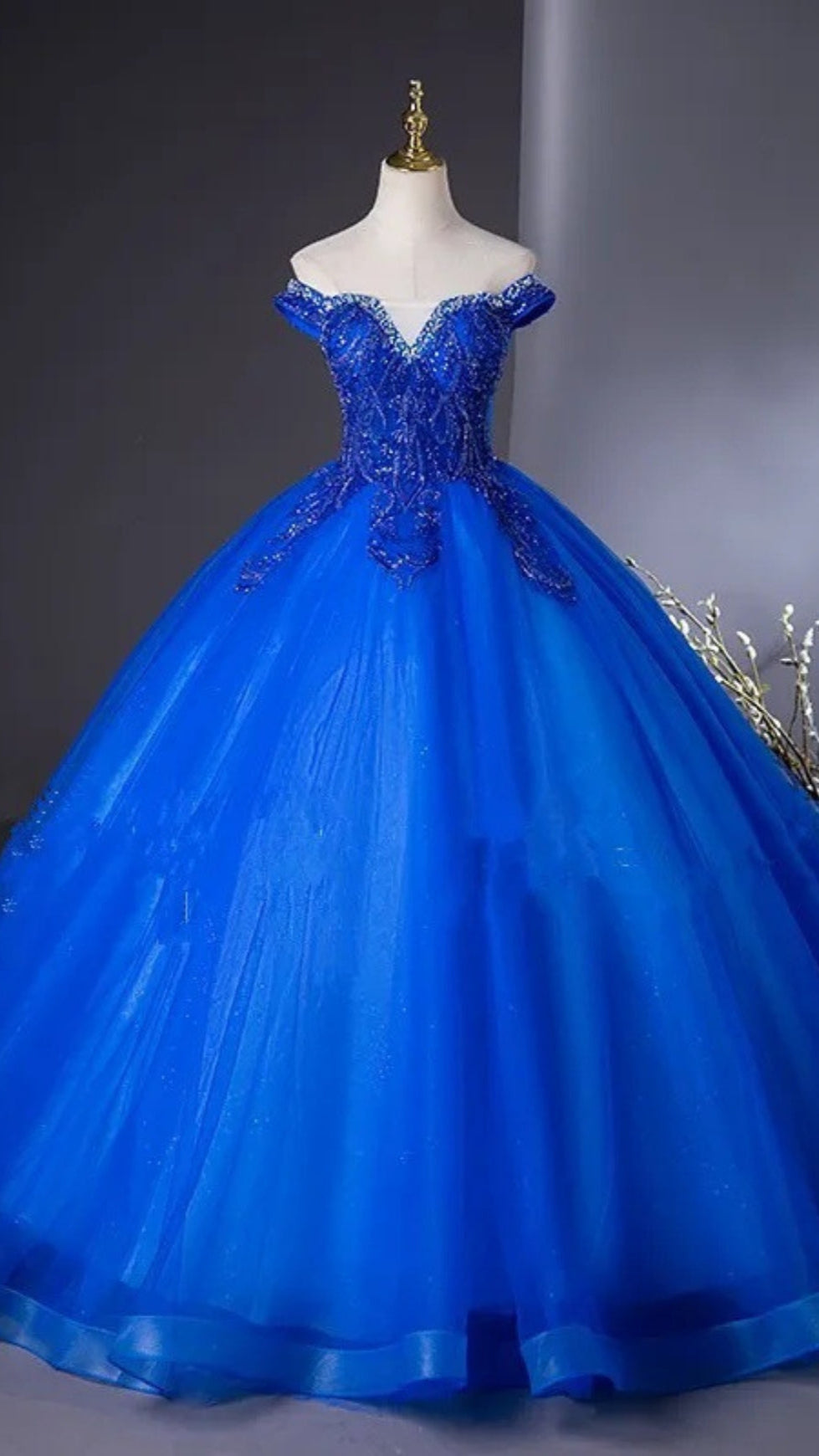 ROYAL BLUE BEADED CORSET BALL GOWN OFF SHOULDER PRINCESS