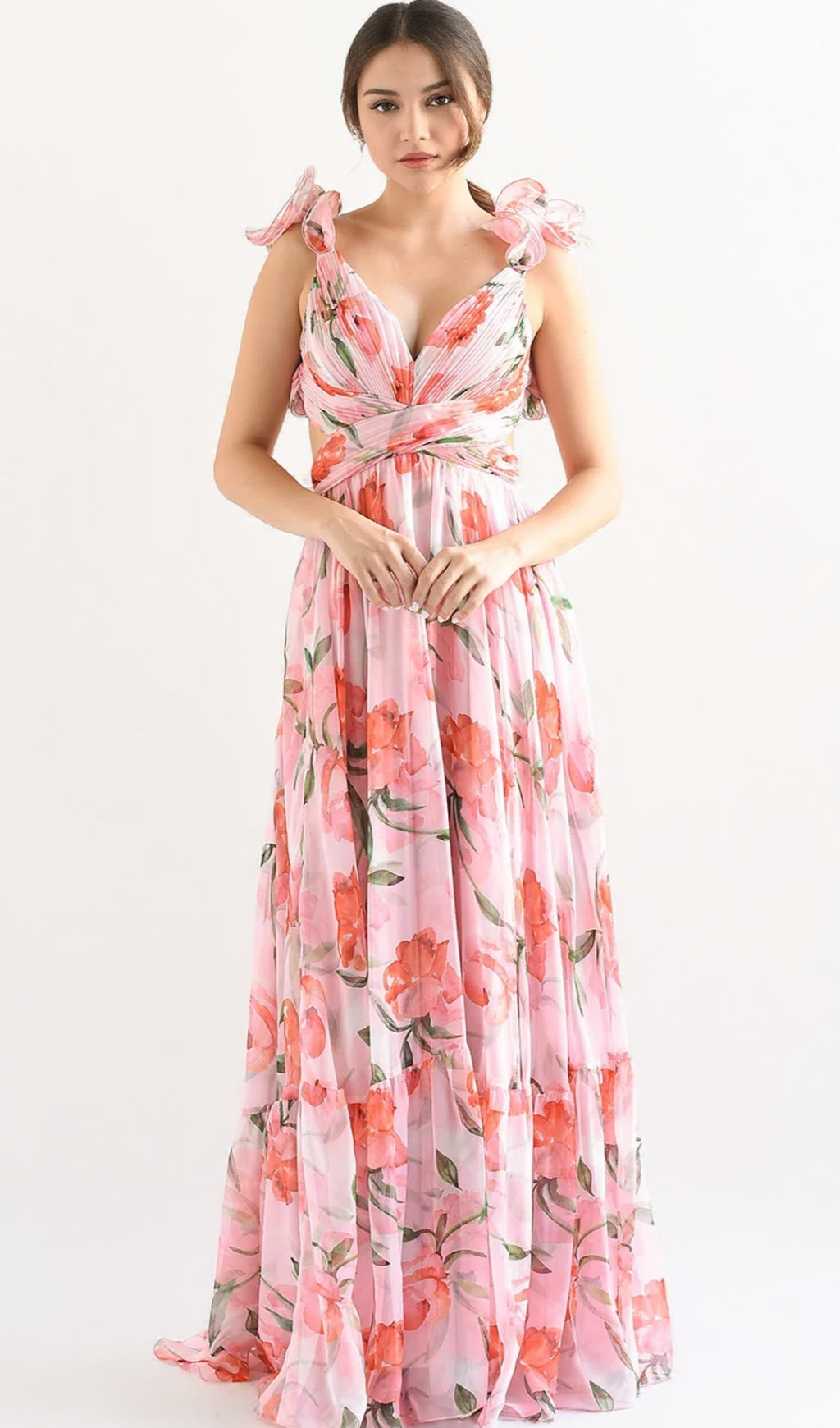 FLORAL PRINT RUFFLED BACKLESS MAXI DRESS IN PINK