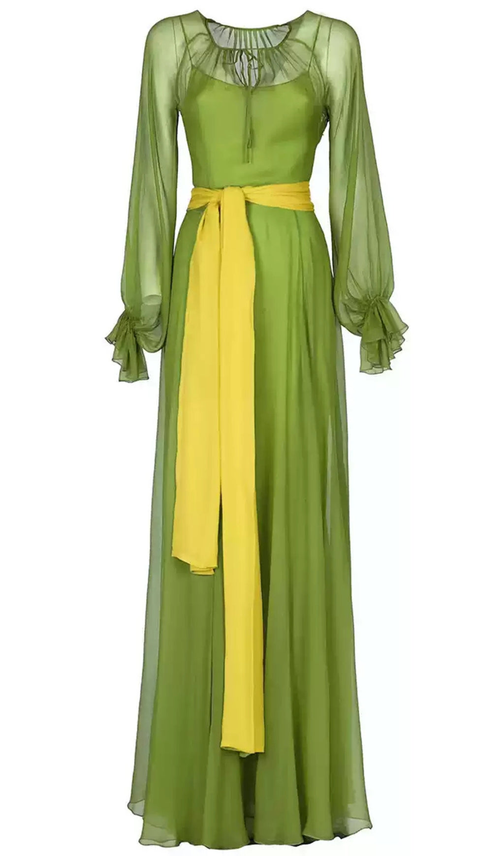 GREEN CHIFFON MAXI DRESS WITH YELLOW BELT AND SHEER SLEEVES