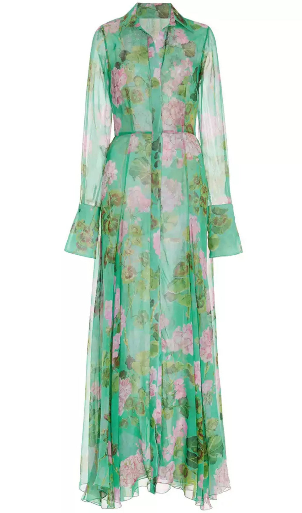 GREEN SHEER FLORAL MAXI DRESS WITH SHIRT COLLAR