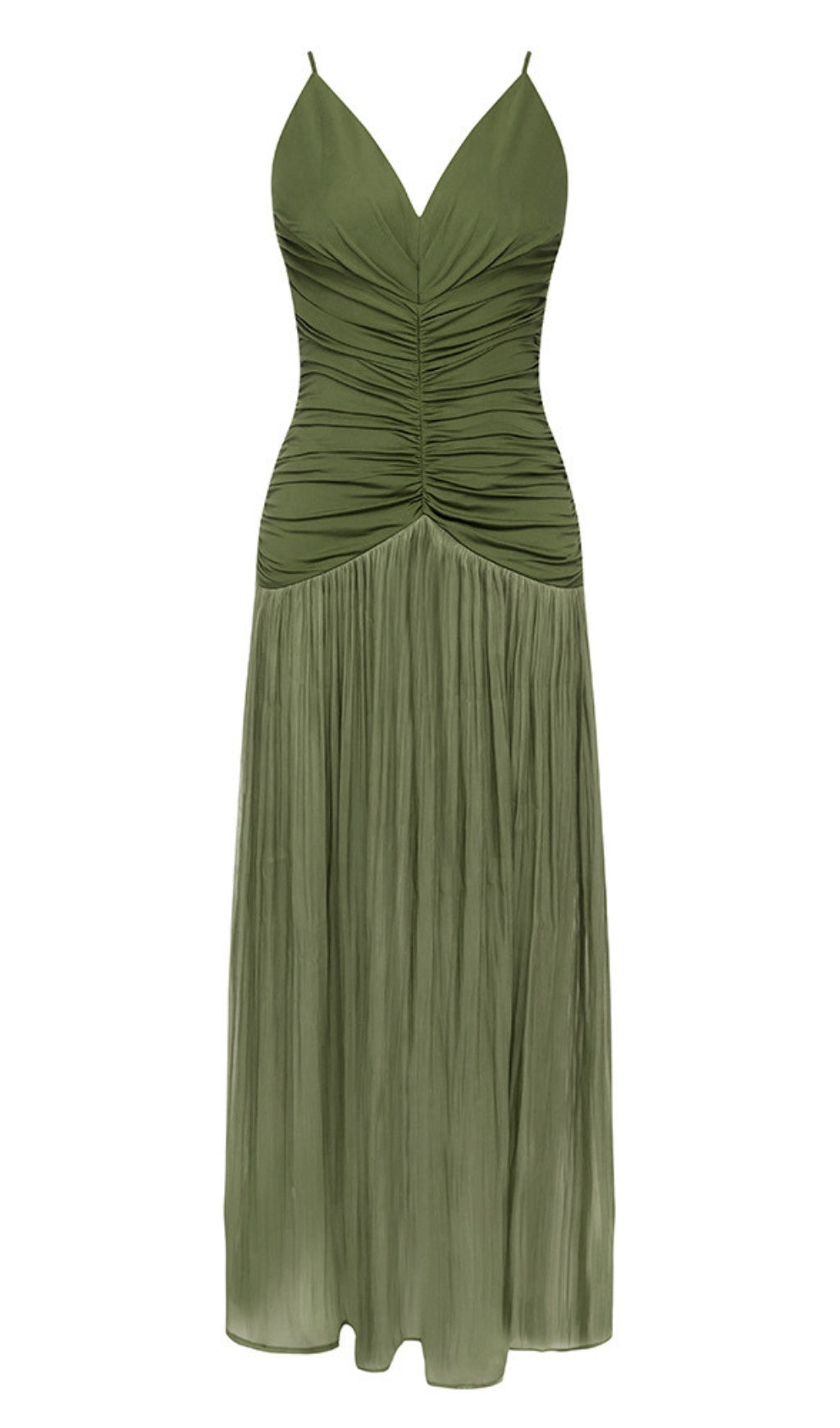 GREEN STRAPLESS DRESS WITH PLEATED PANELS MIDI DRESS