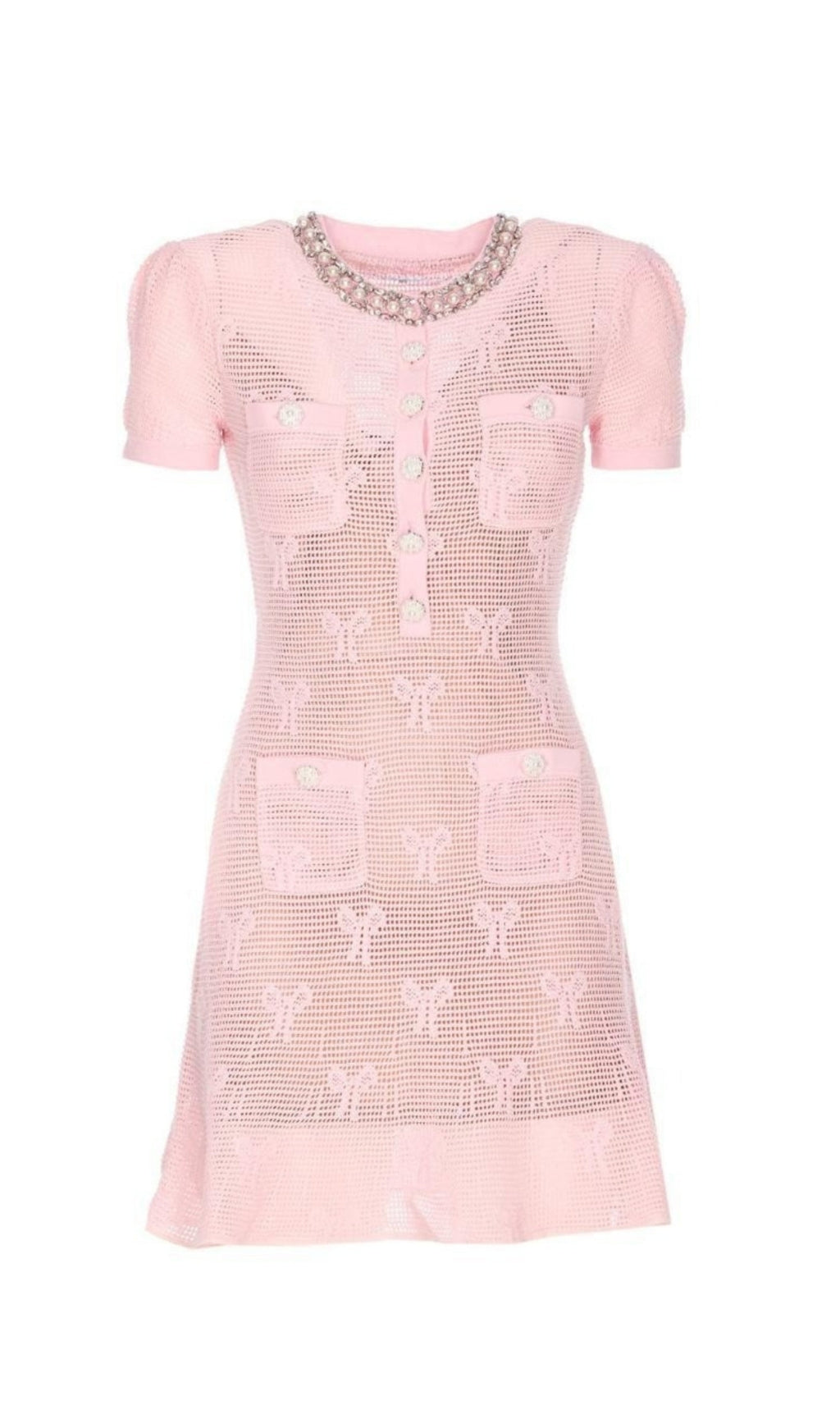 Rosa Minikleid mit Häkel- und Kristallbesatz und Schleife