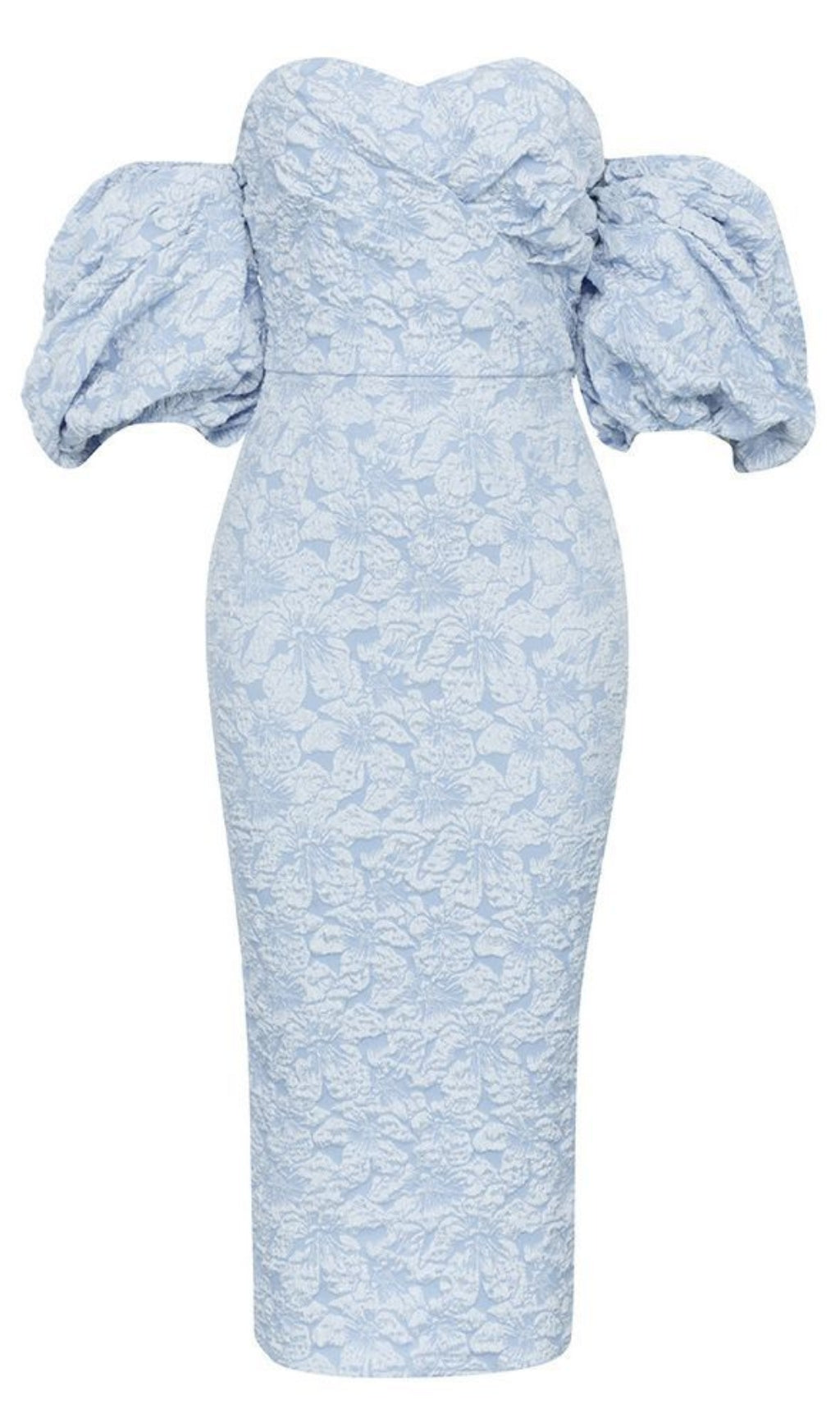 FLORAL - JACQUARD OFF - SHOULDER MIDI DRESS IN BLUE