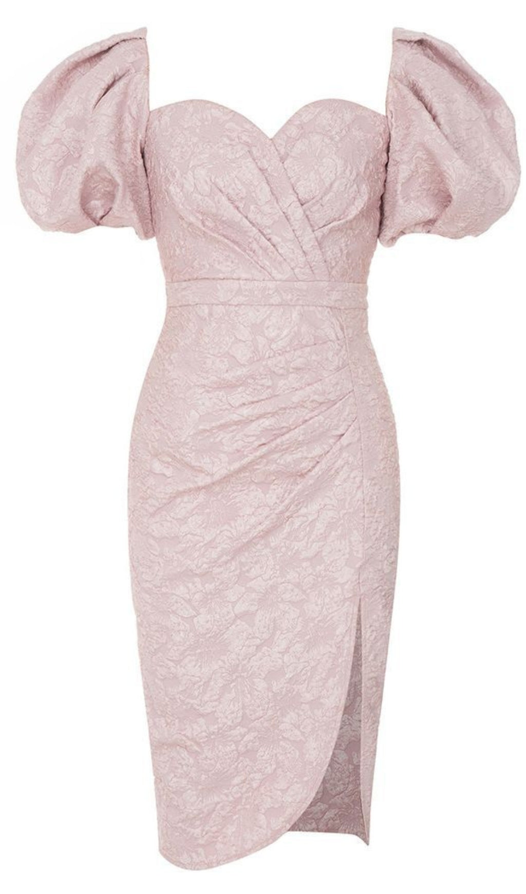 FLORAL - JACQUARD PUFF - SLEEVE SLIT MIDI DRESS IN PINK