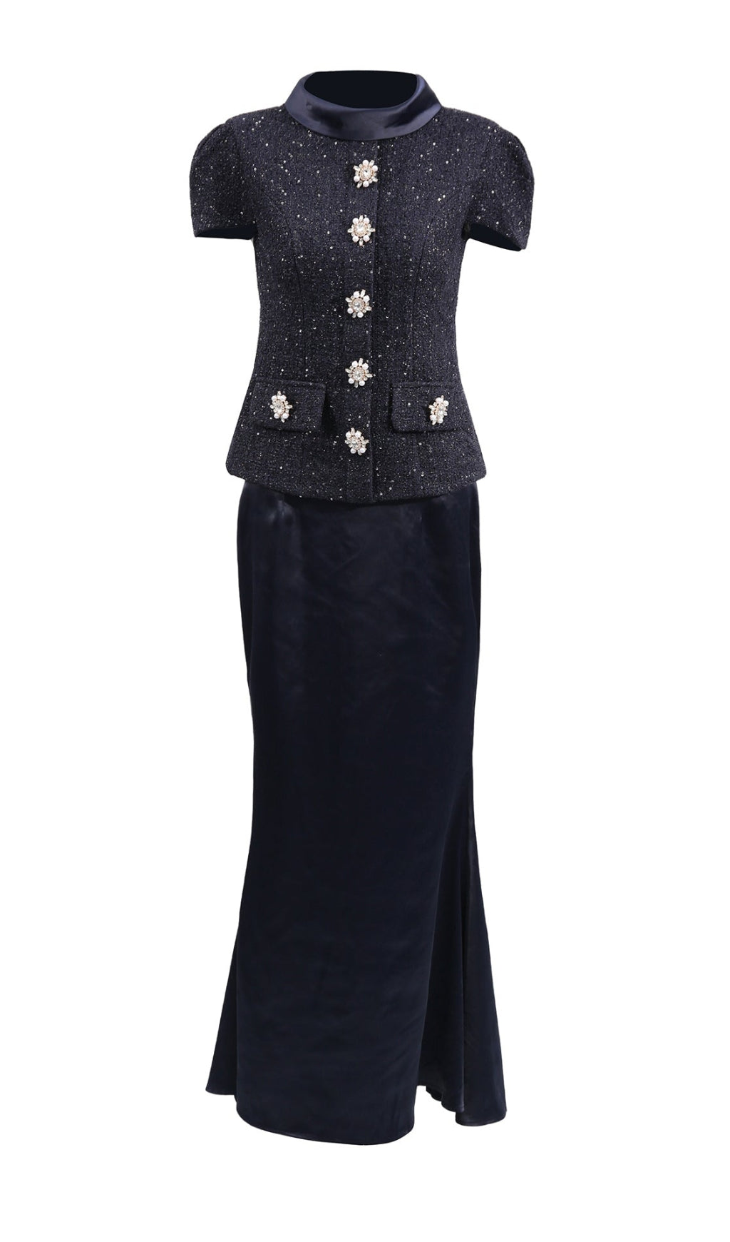 NAVY METALLIC BOUCLE MAXI DRESS