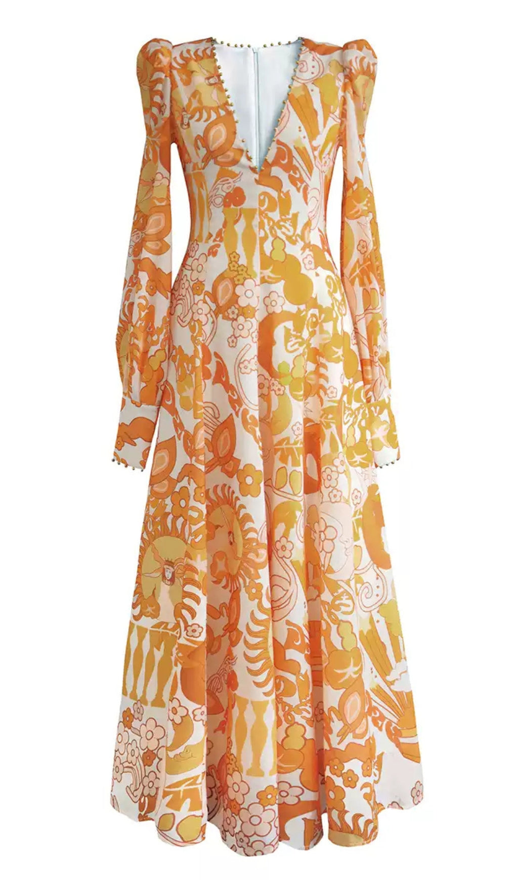 ORANGE PRINT SHEER SLEEVE V - NECK MIDI DRESS
