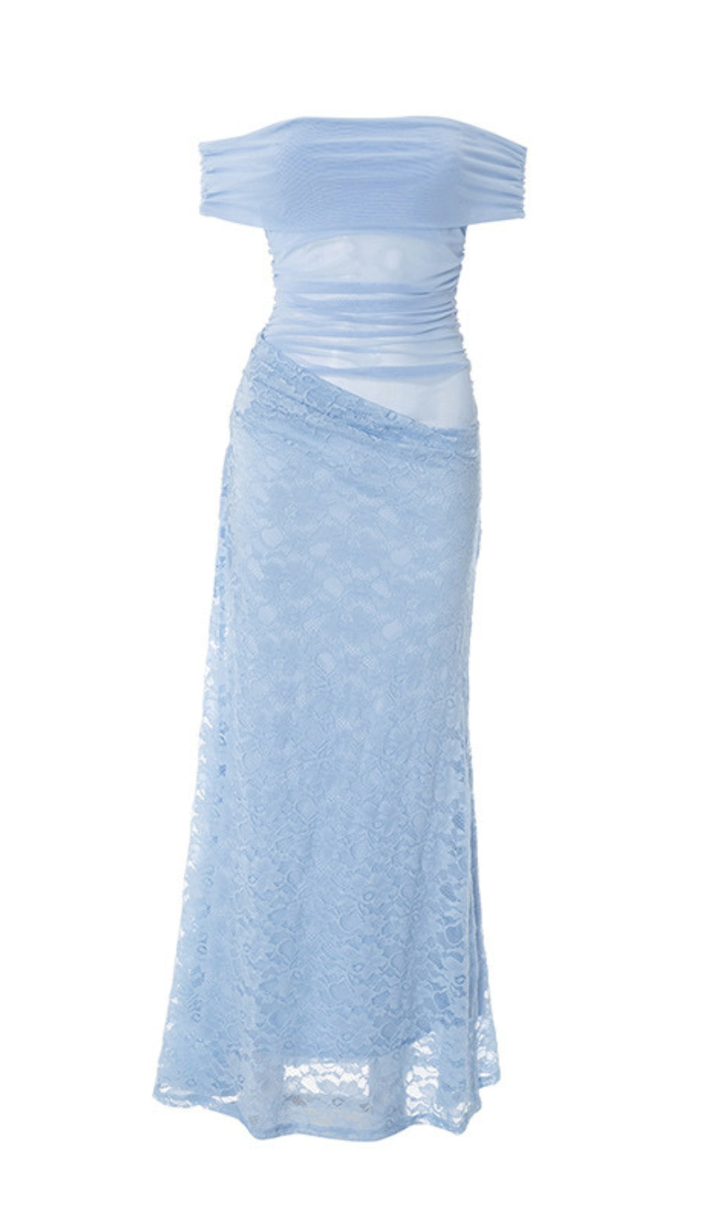 ABITO MIDI IN PIZZO CON SPALLE SCOPERTE E RUCHES, COLORE AZZURRO