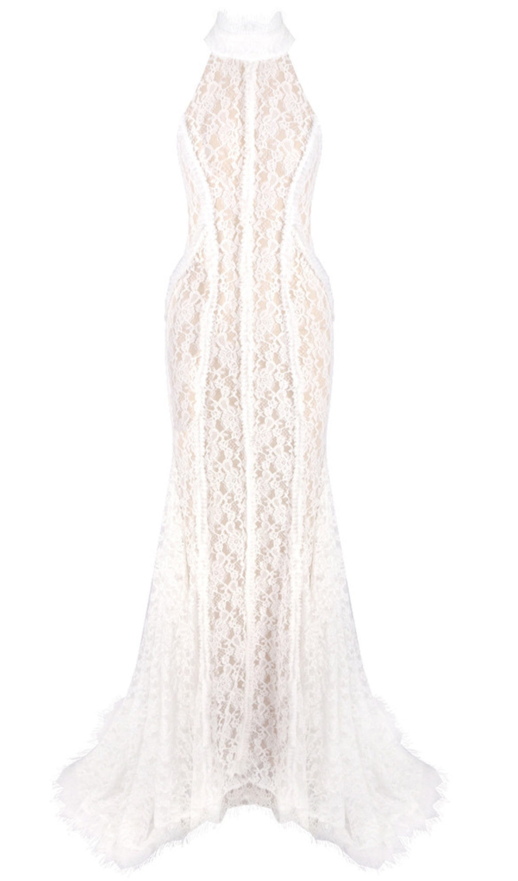 LACE HALTER NECK MERMAID MAXI DRESS IN WHITE