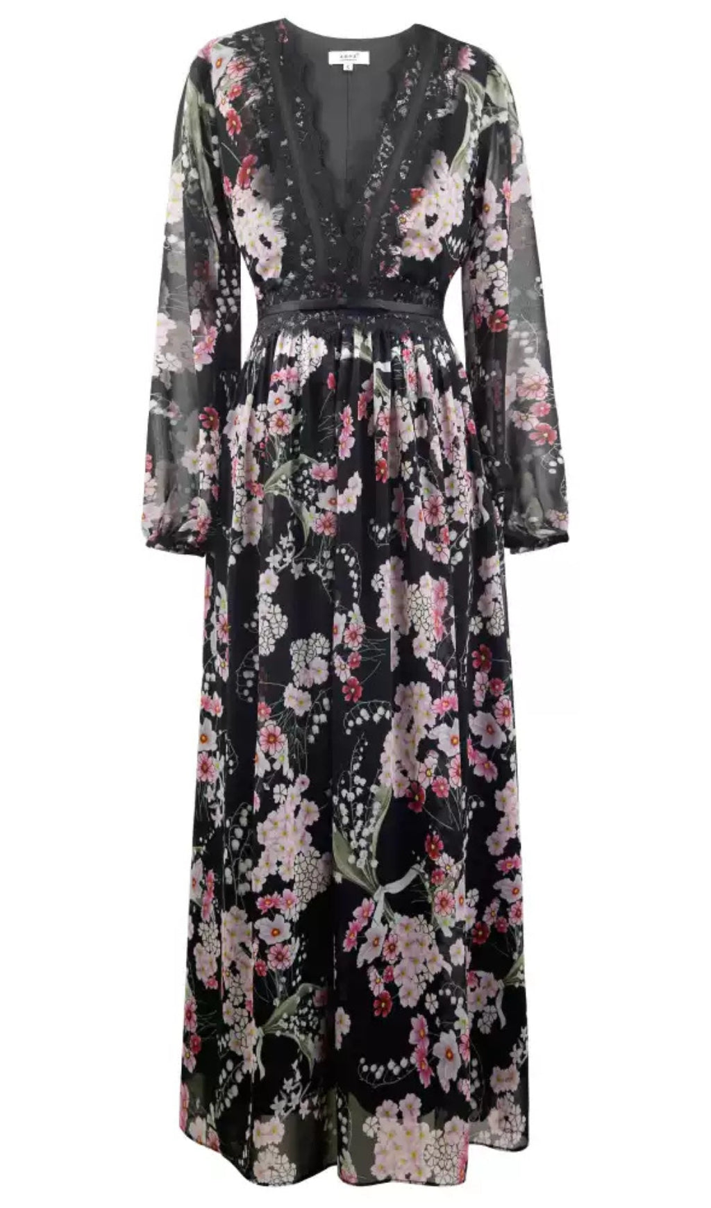 Schwarzes, langärmliges Maxikleid mit Blumenmuster, V-Ausschnitt und Spitzendetail