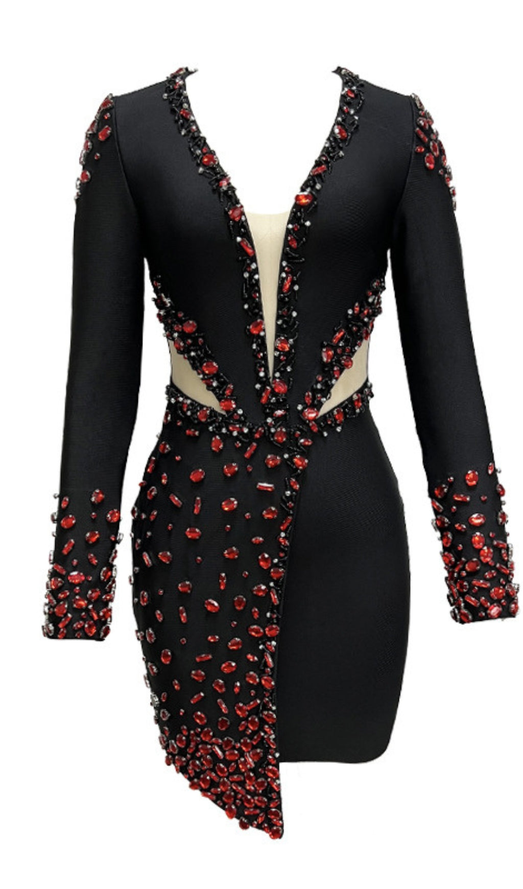 Tief ausgeschnittenes Minikleid mit roten Strasssteinen und Cut-outs in Schwarz