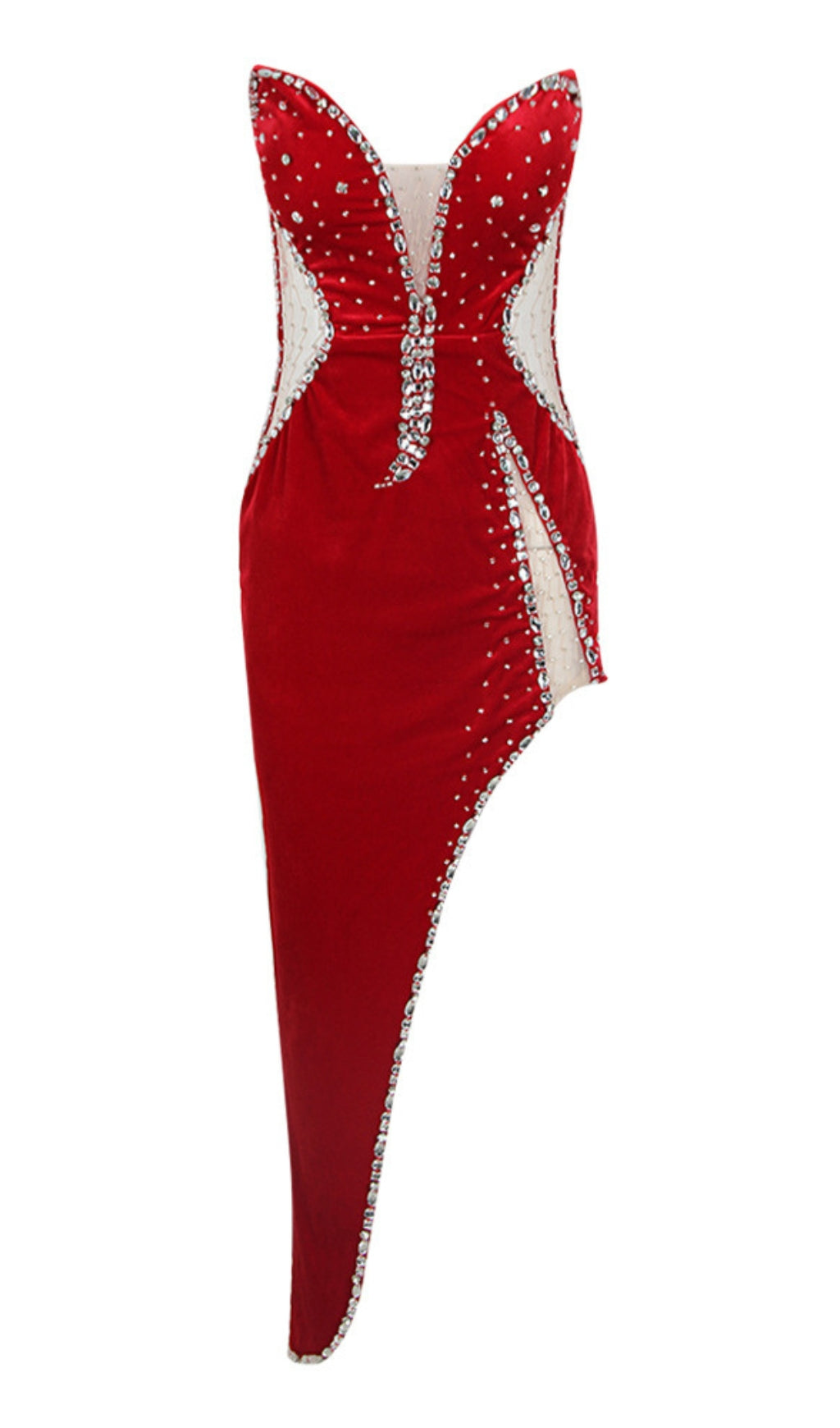 Strassverziertes, asymmetrisches Meerjungfrauenkleid mit Cut-outs in Rot