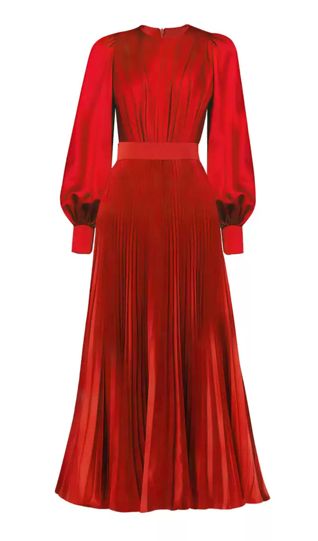 RED PLEATED MIDI DRESS WITH PUFF SLEEVES AND WAISTBAND