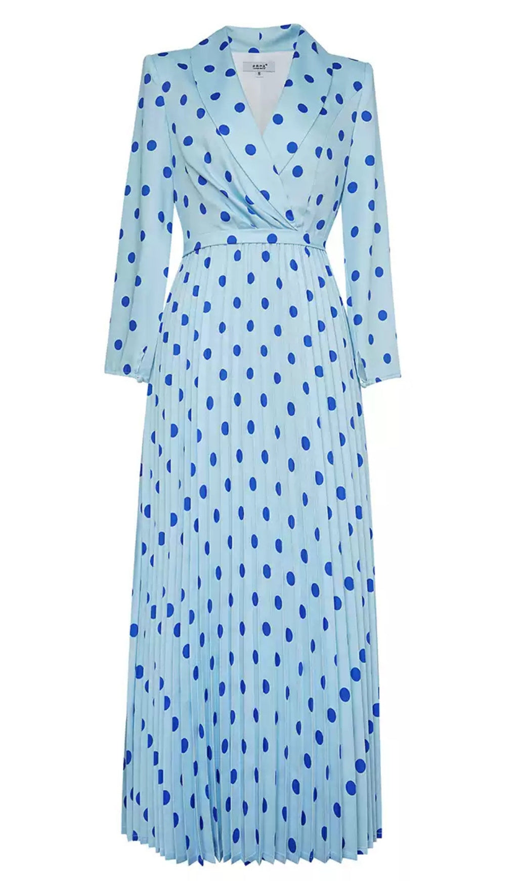 LIGHT BLUE POLKA DOT WRAP DRESS WITH PLEATED SKIRT