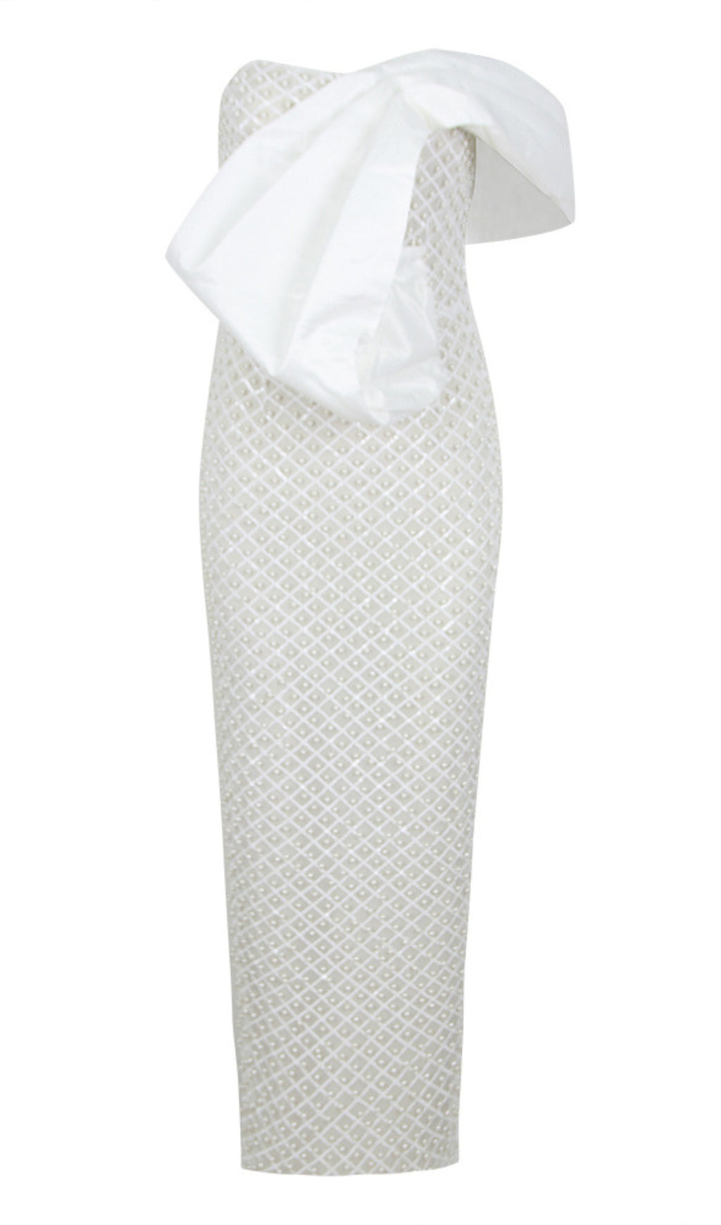 Pearl – Verzierte Schleife – Trägerloses Midikleid mit Akzent in Weiß