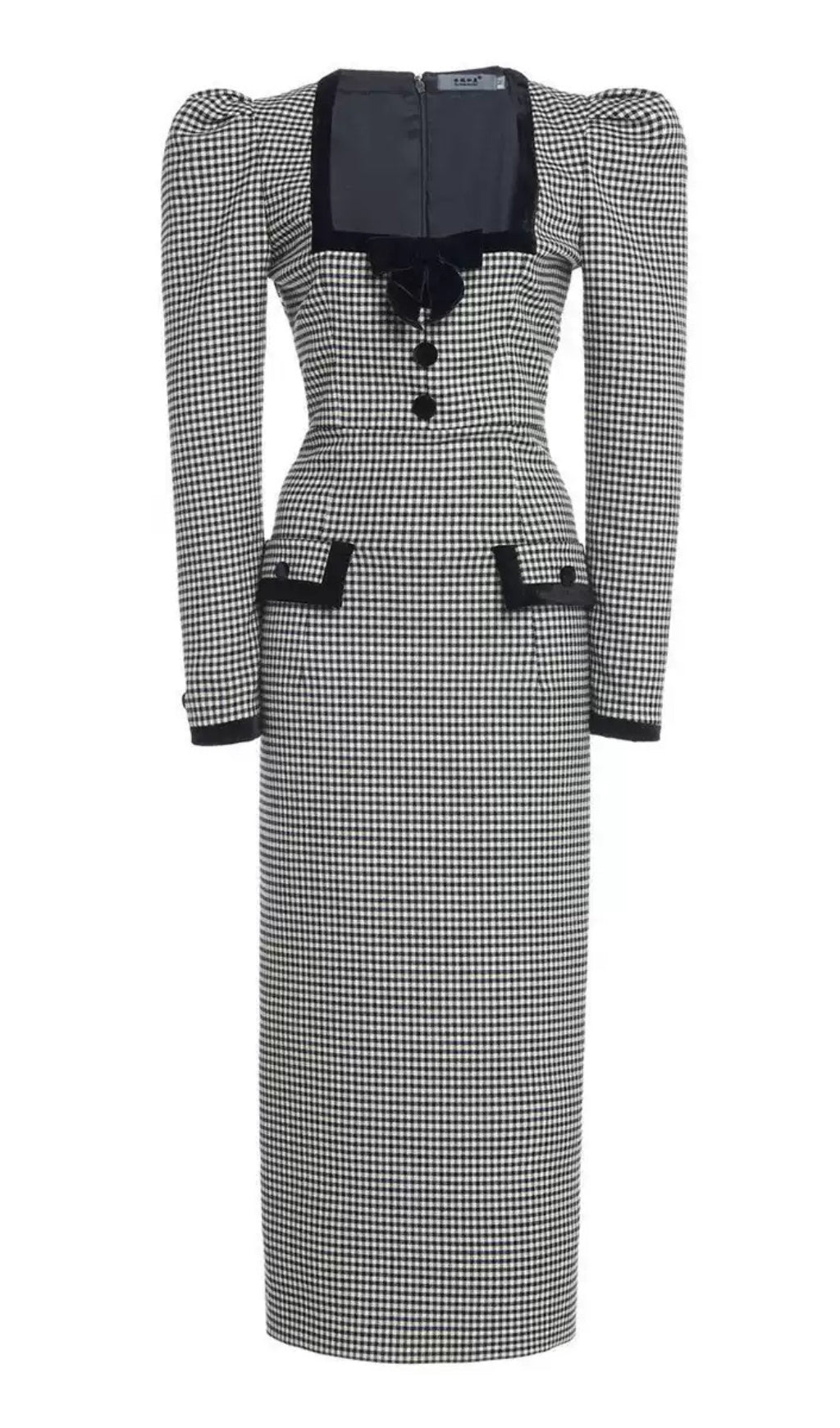Black and White Houndstooth Midi Dress with Puff Sleeves