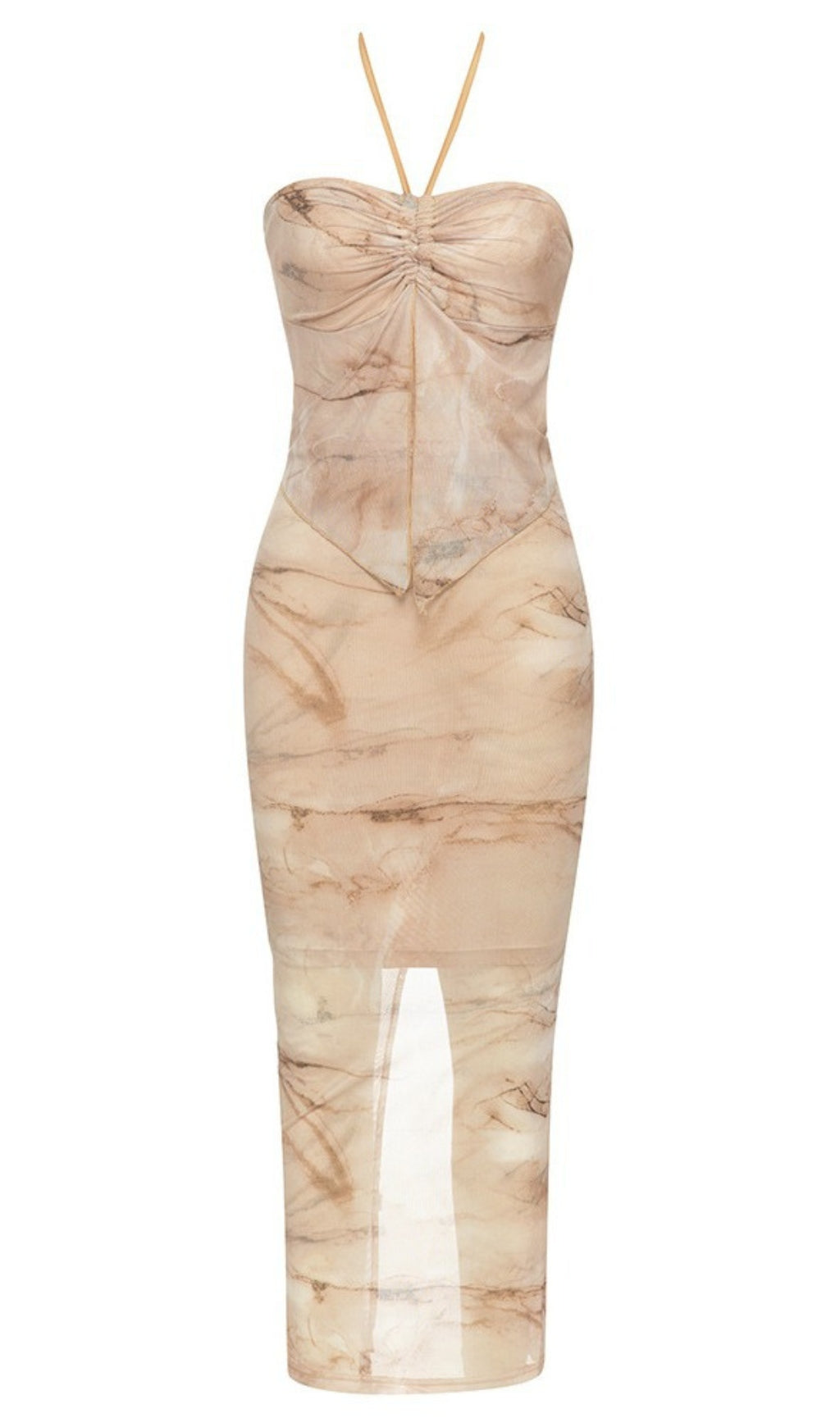 MARBLE - PRINT HALTER - NECK RUCHED MIDI DRESS IN BEIGE