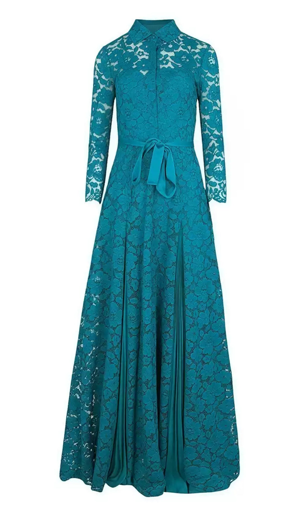 Blaugrünes Maxikleid aus Spitze mit Gürtel und Kragen