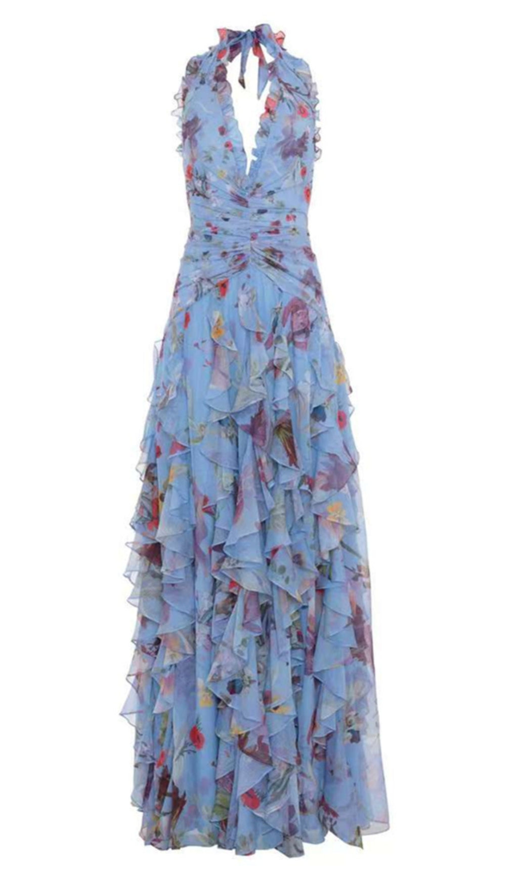 FLORAL HALTER RUFFLE TULLE MAXI DRESS IN BLUE