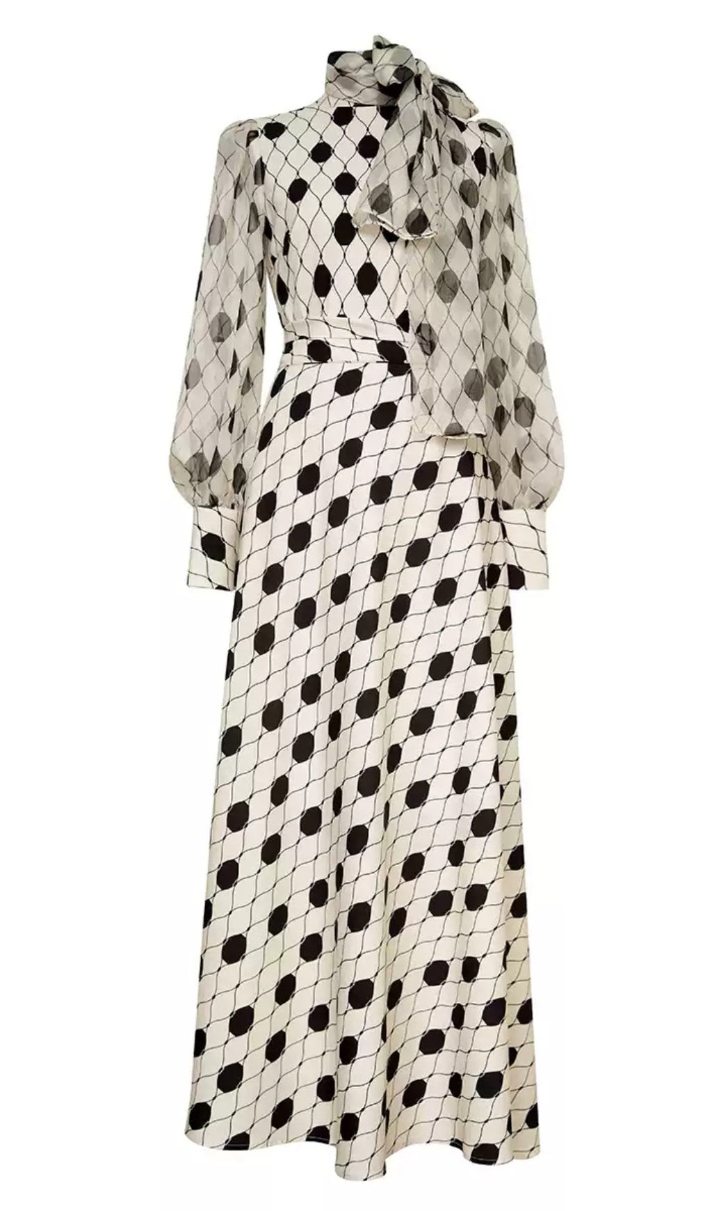 Satinkleid mit Polka Dots, transparenten Ärmeln und Schleifenausschnitt