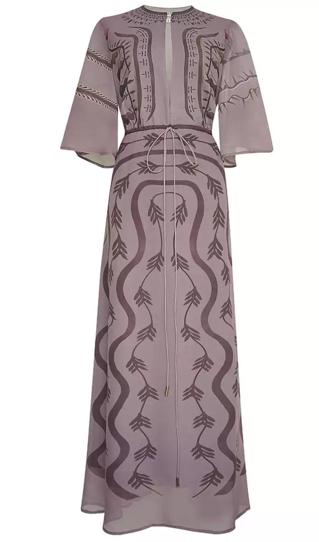 ELEGANT PRINTED MAXI DRESS WITH SHEER SLEEVES AND TIE - WAIST