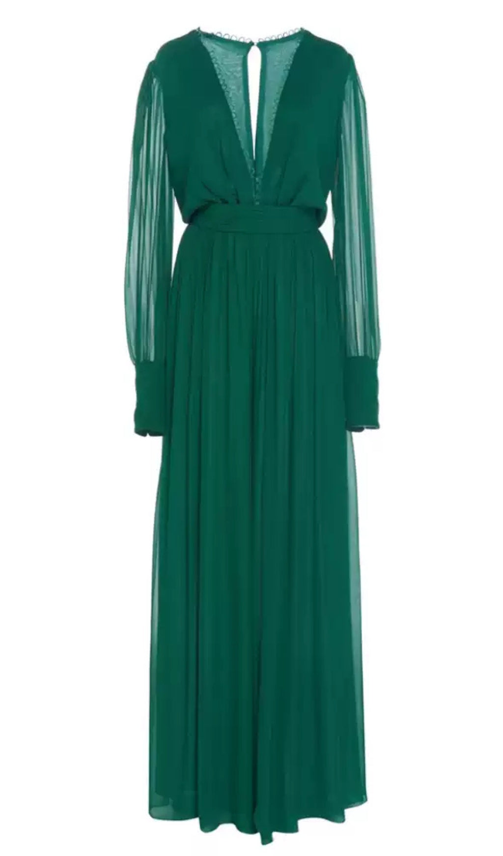 ABITO LUNGO IN CHIFFON VERDE SMERALDO CON MANICHE TRASPARENTI E SCHIENA A CHIAVE