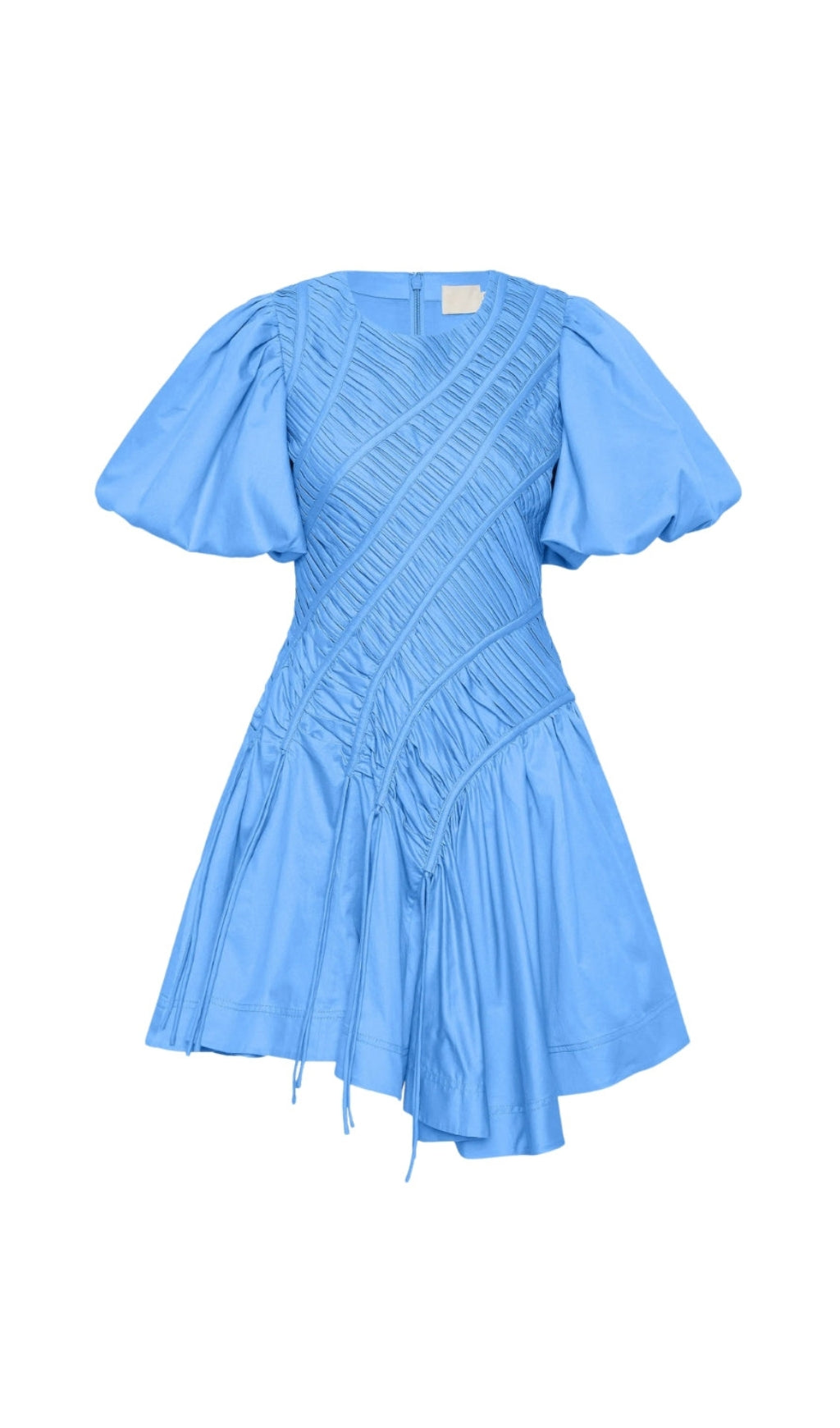 EUDORA ASYMMETRIC PLEATED PUFF SLEEVE MINI DRESS IN MIST BLUE