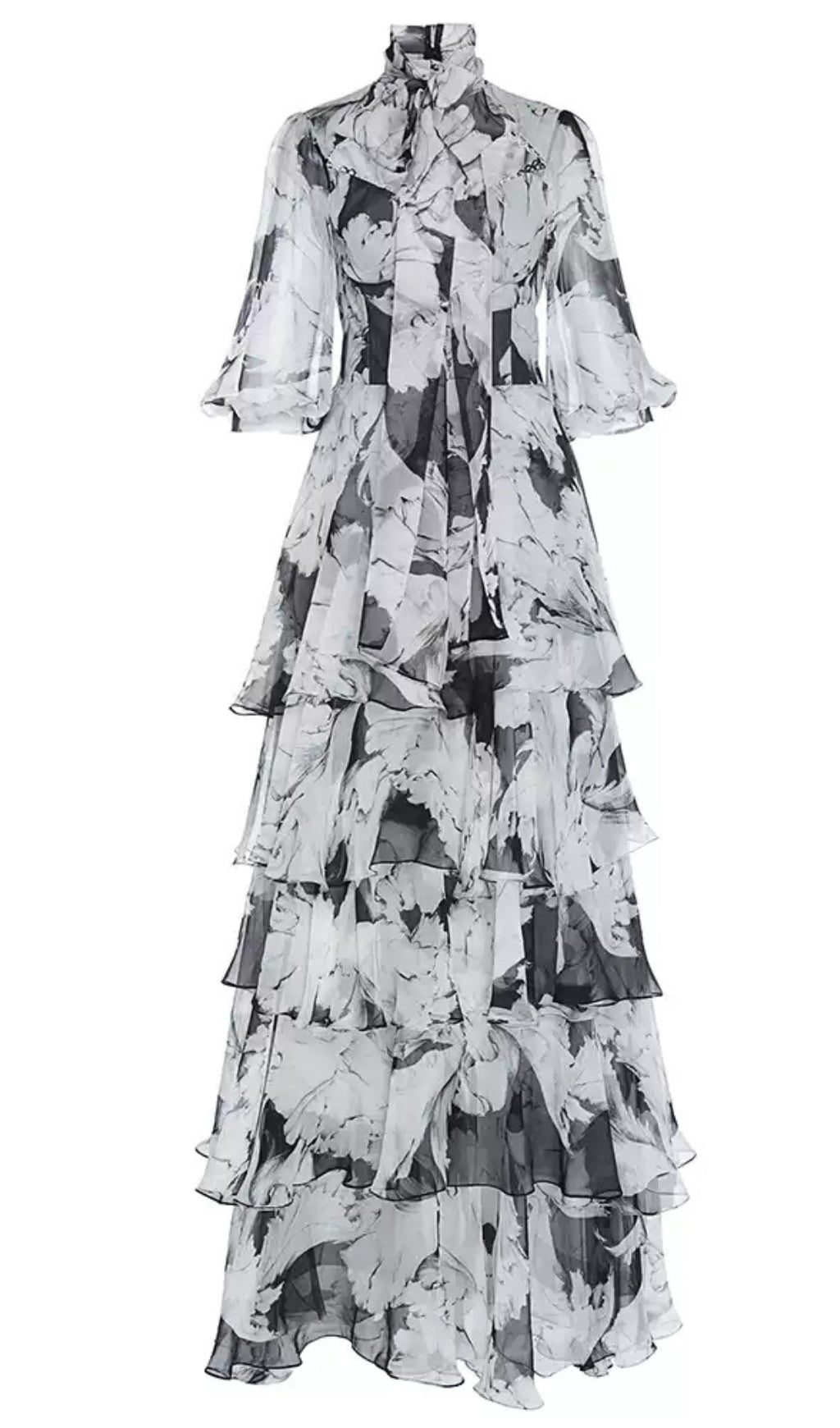 ELEGANT FLORAL TIERED MAXI DRESS WITH BOW NECKLINE