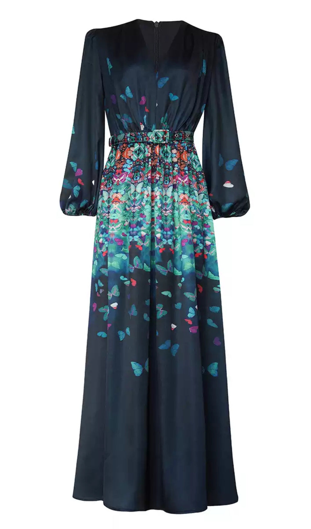 ELEGANT BUTTERFLY - PRINTED MAXI DRESS WITH BELT AND SHEER SLEEVES