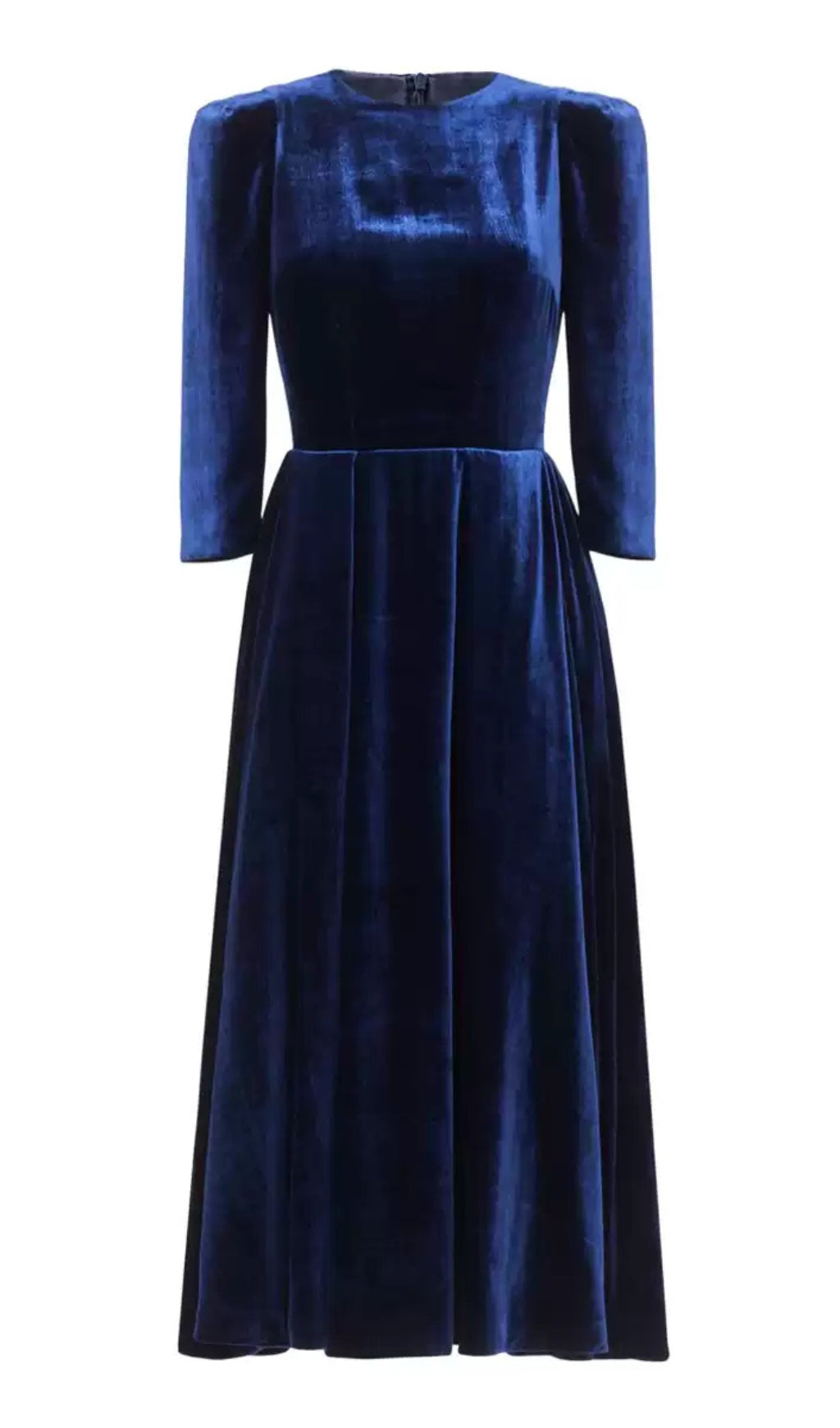 NAVY BLUE VELVET MIDI DRESS WITH PUFF SLEEVES