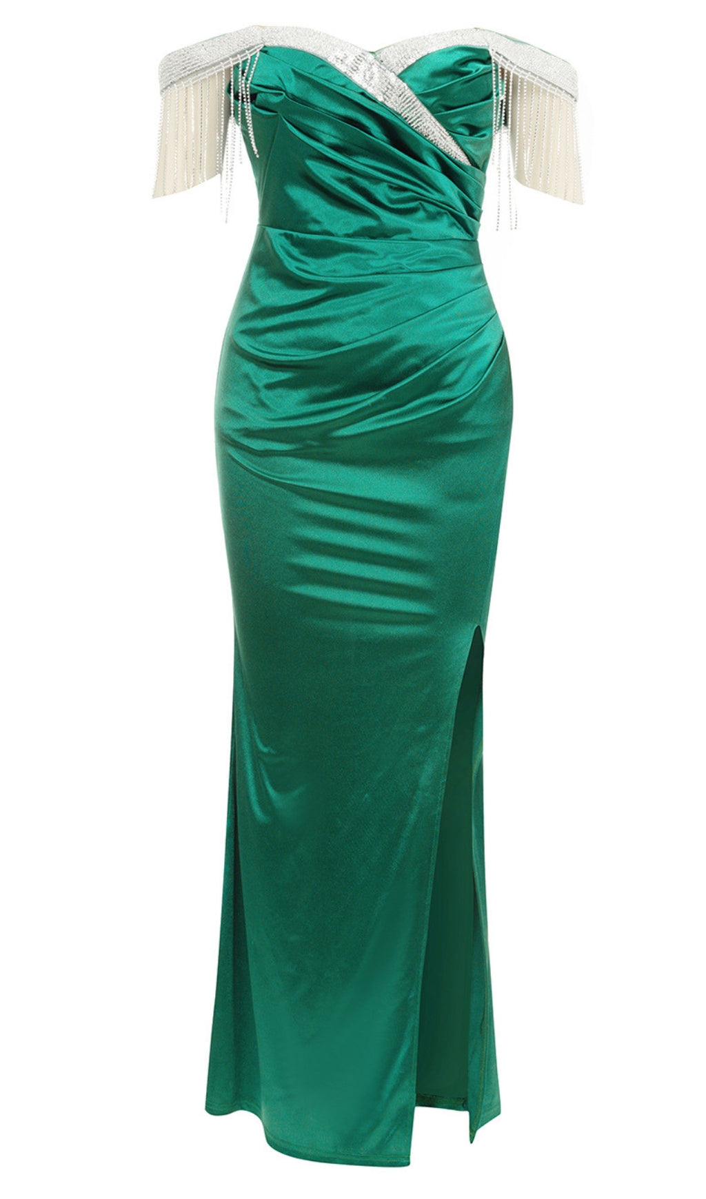SATIN OFF - SHOULDER FRINGE - TRIM SLIT MAXI DRESS IN GREEN