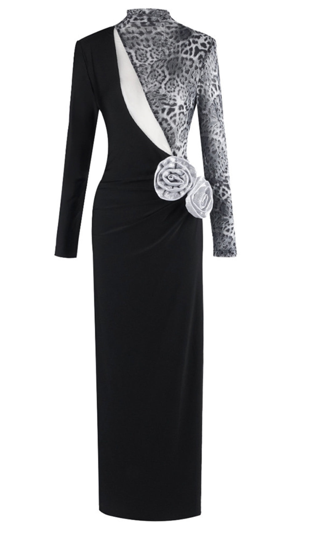 LEOPARD PRINT FLORAL ACCENT MAXI DRESS IN BLACK