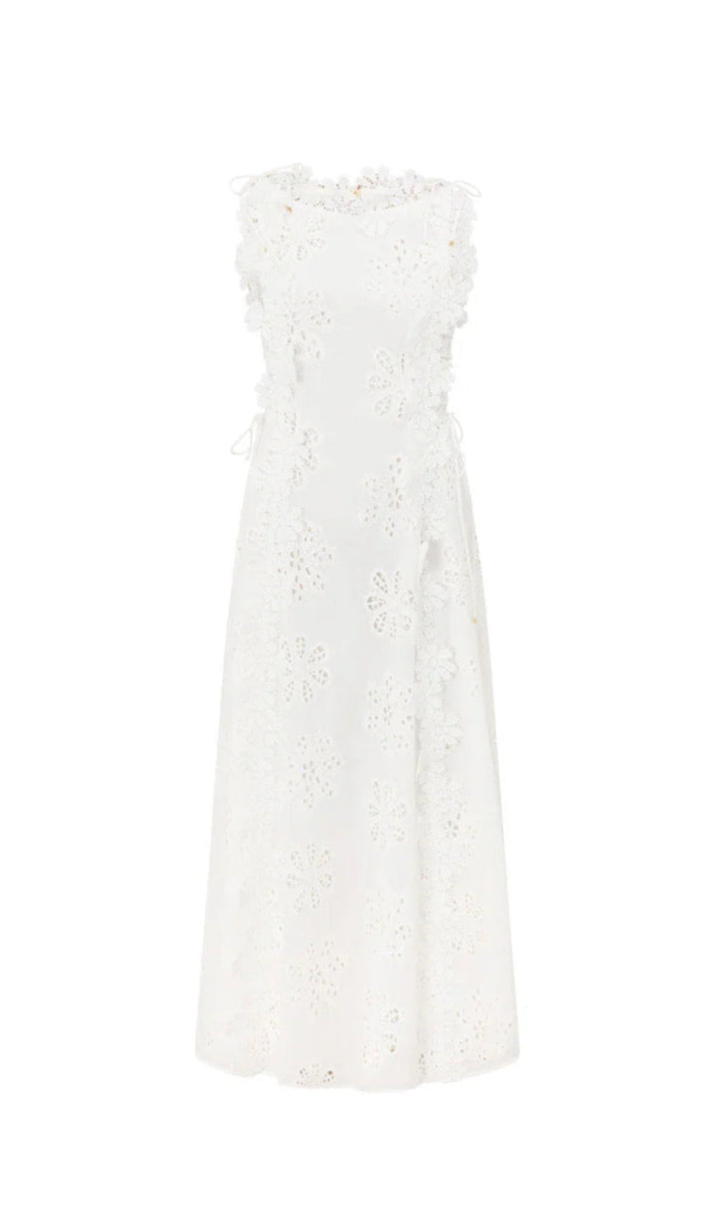 LACE TRIM EMBROIDERY HOLLOW MIDI DRESS IN WHITE
